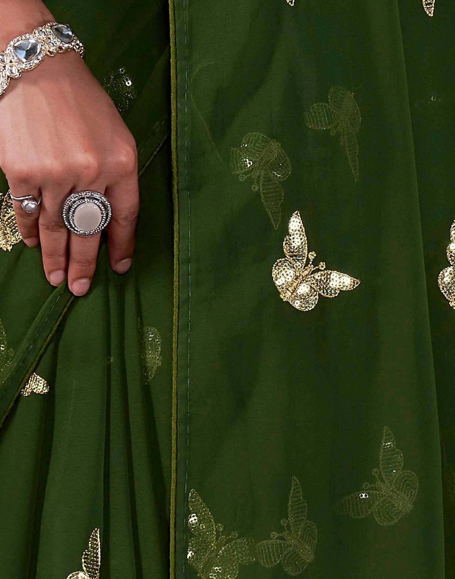 Dark Olive Green Georgette Sequence Embroidery Saree