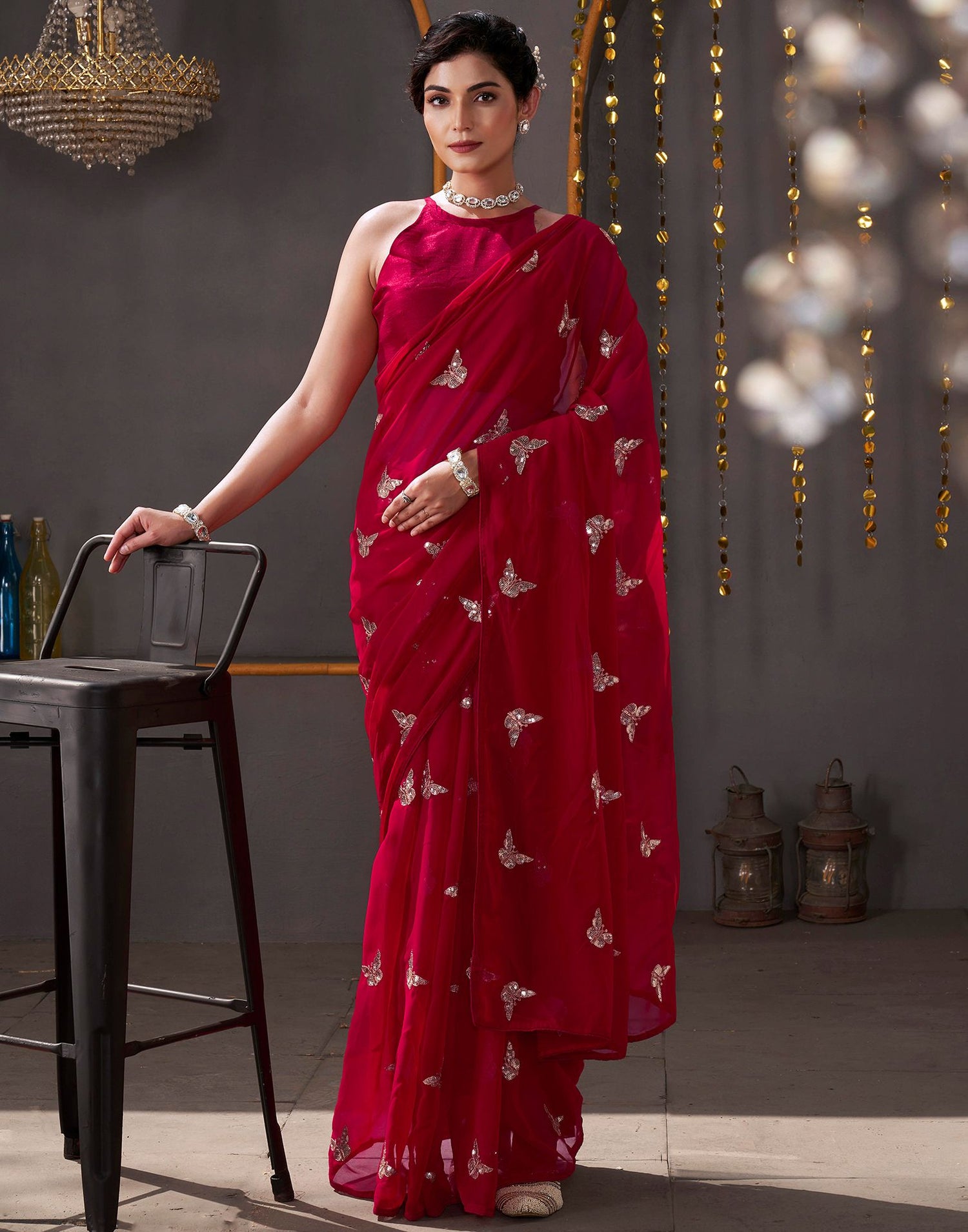 Red Georgette Sequence Embroidery Saree