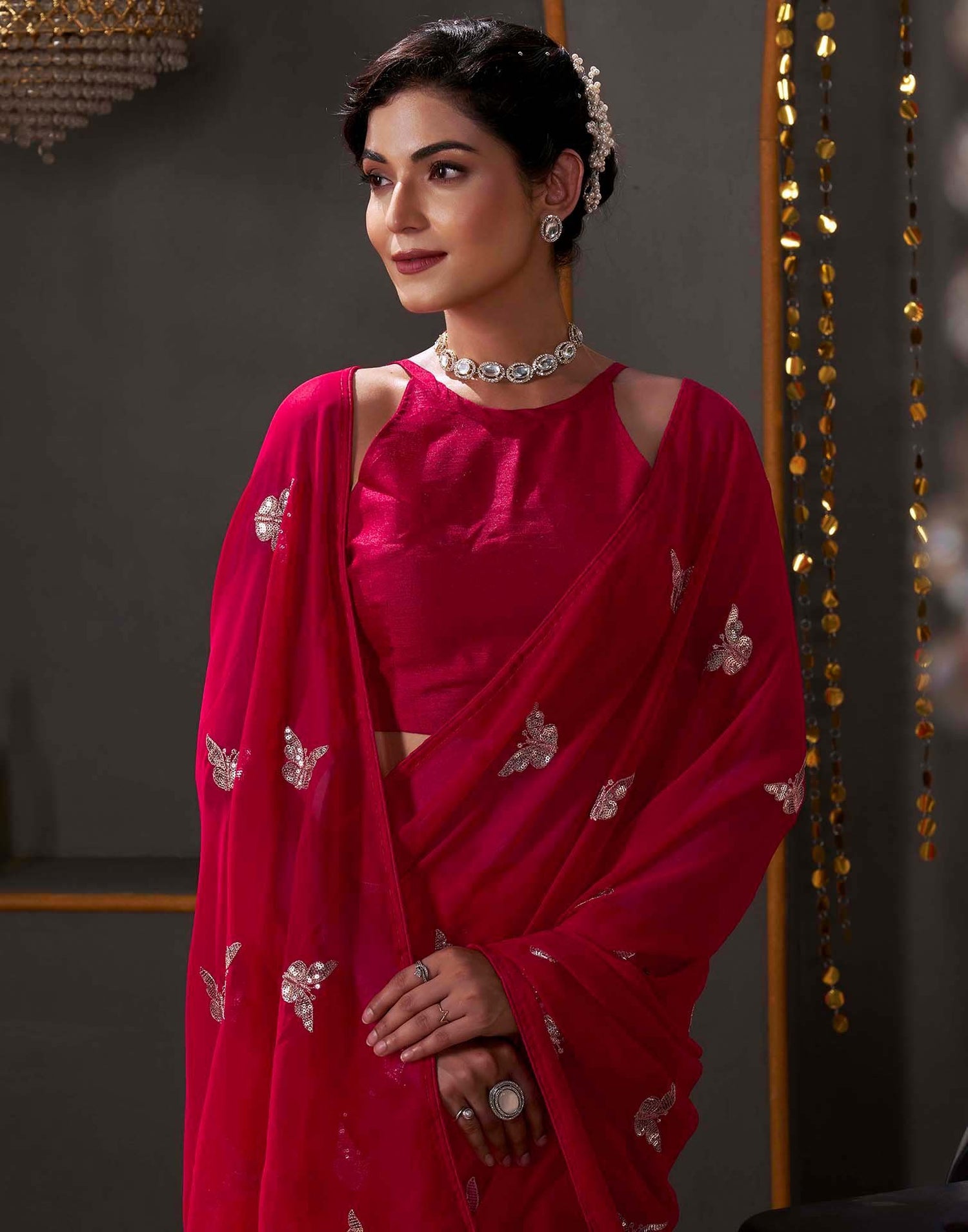 Red Georgette Sequence Embroidery Saree