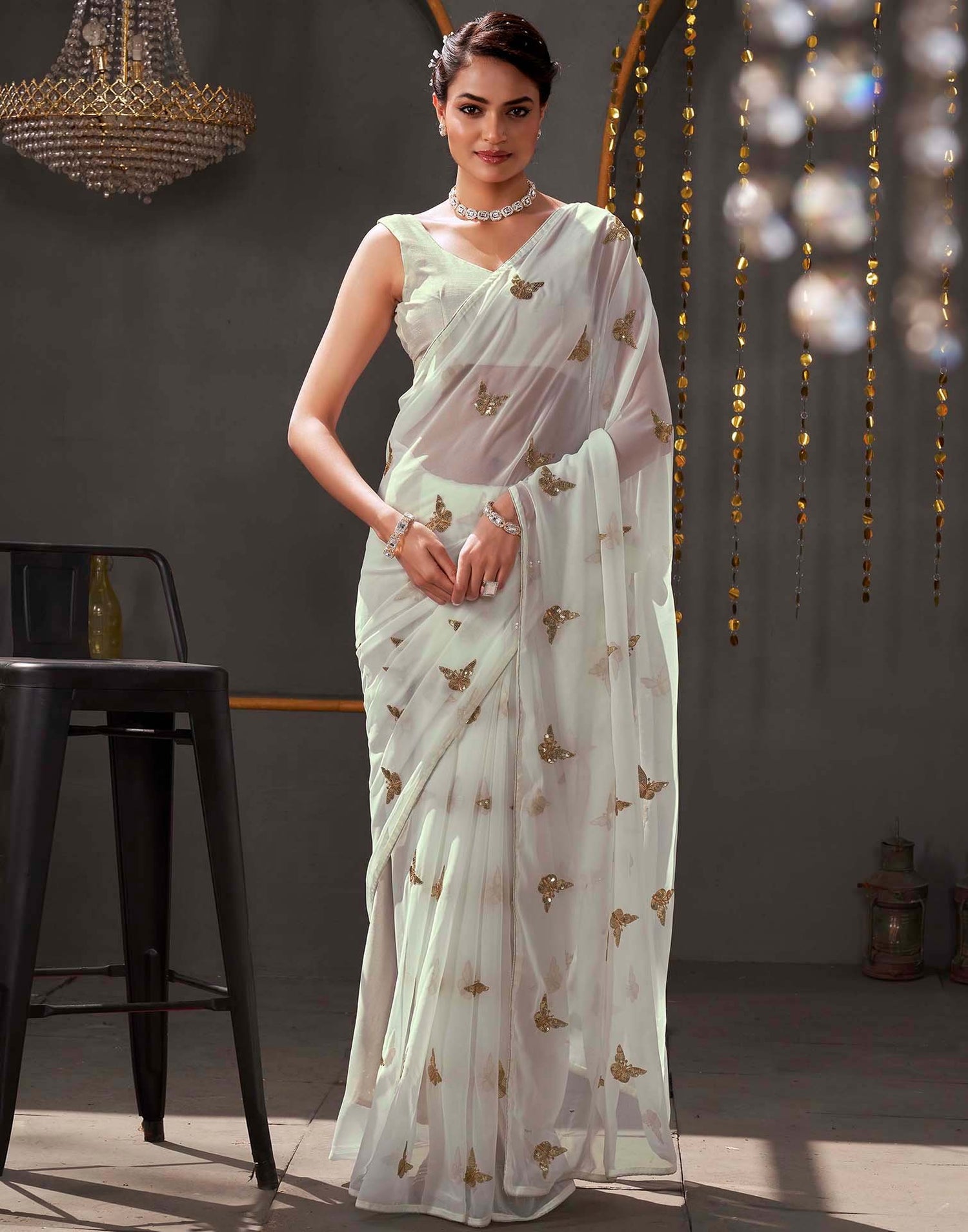 White Georgette Sequence Embroidery Saree