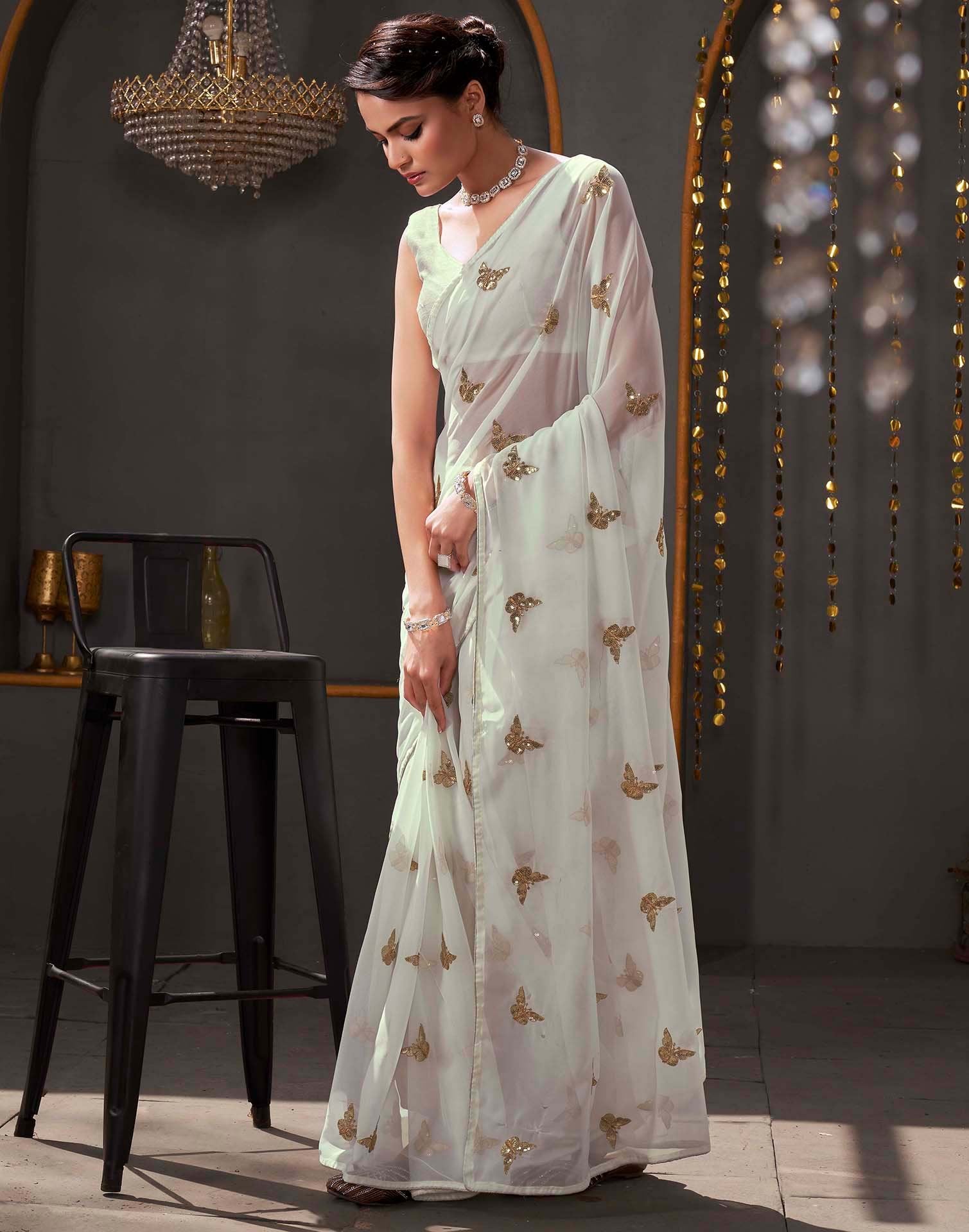 White Georgette Sequence Embroidery Saree