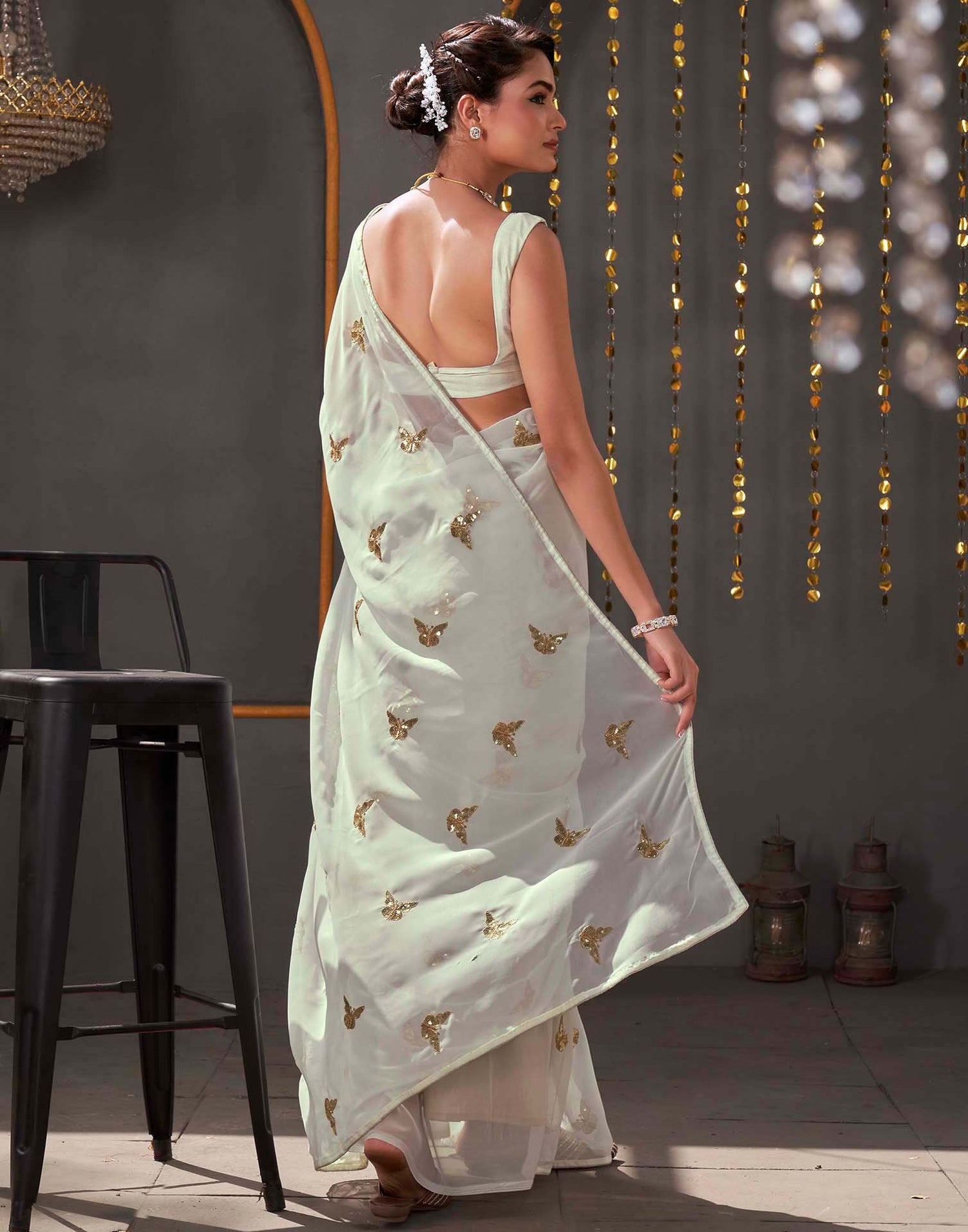 White Georgette Sequence Embroidery Saree