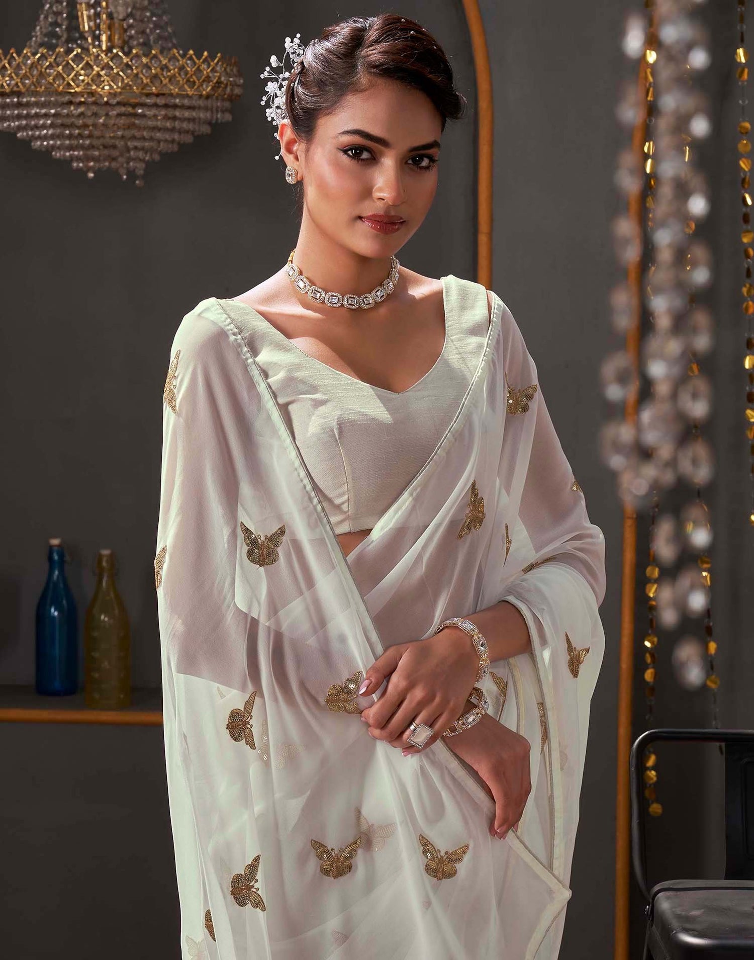 White Georgette Sequence Embroidery Saree