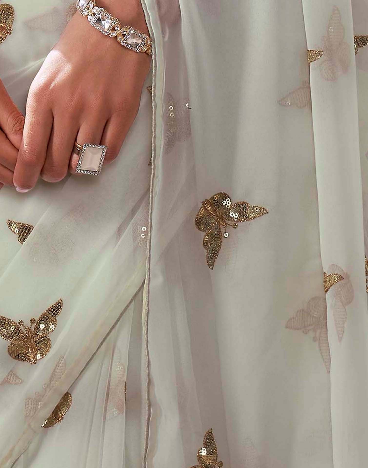 White Georgette Sequence Embroidery Saree