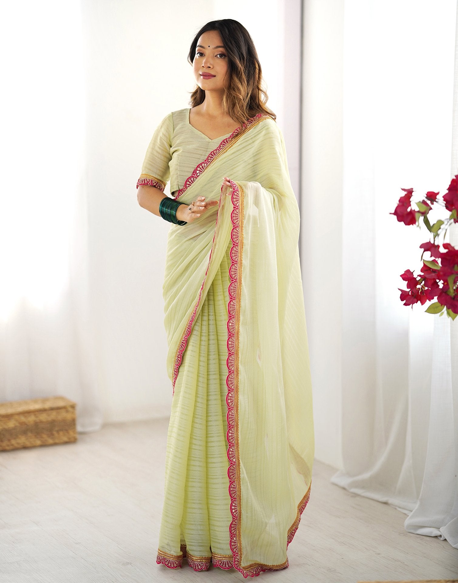 Light Pista Green Shimmer Woven Plain Saree