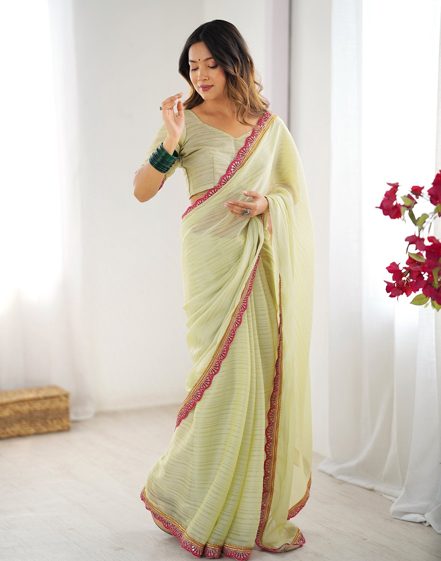 Light Pista Green Shimmer Woven Plain Saree