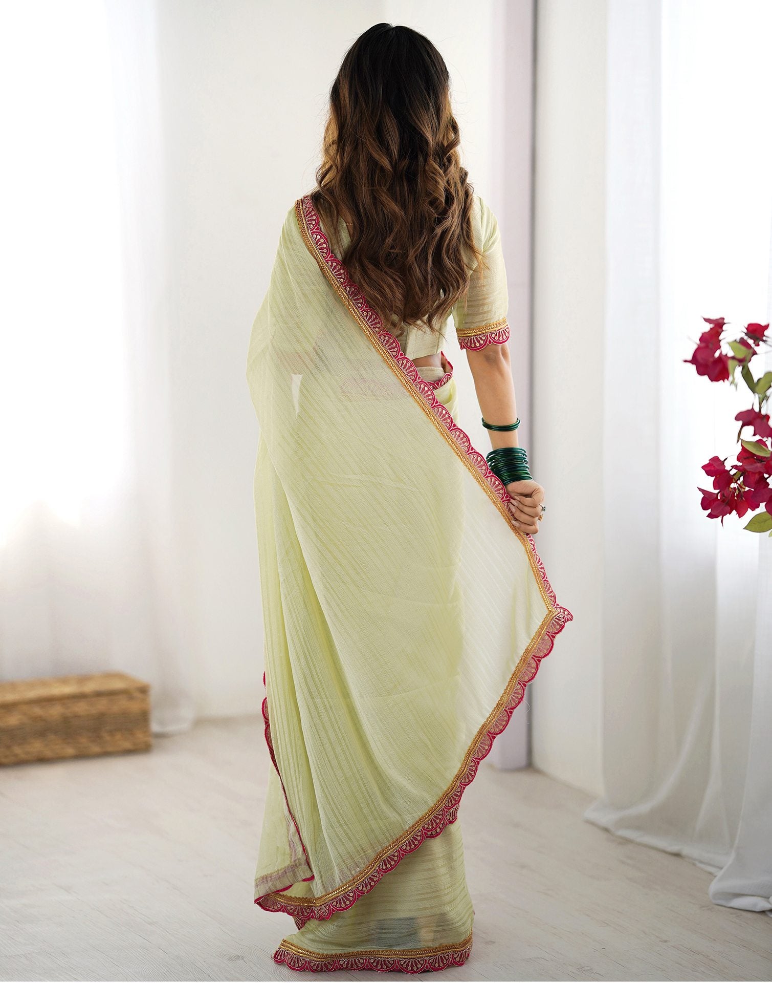 Light Pista Green Shimmer Woven Plain Saree
