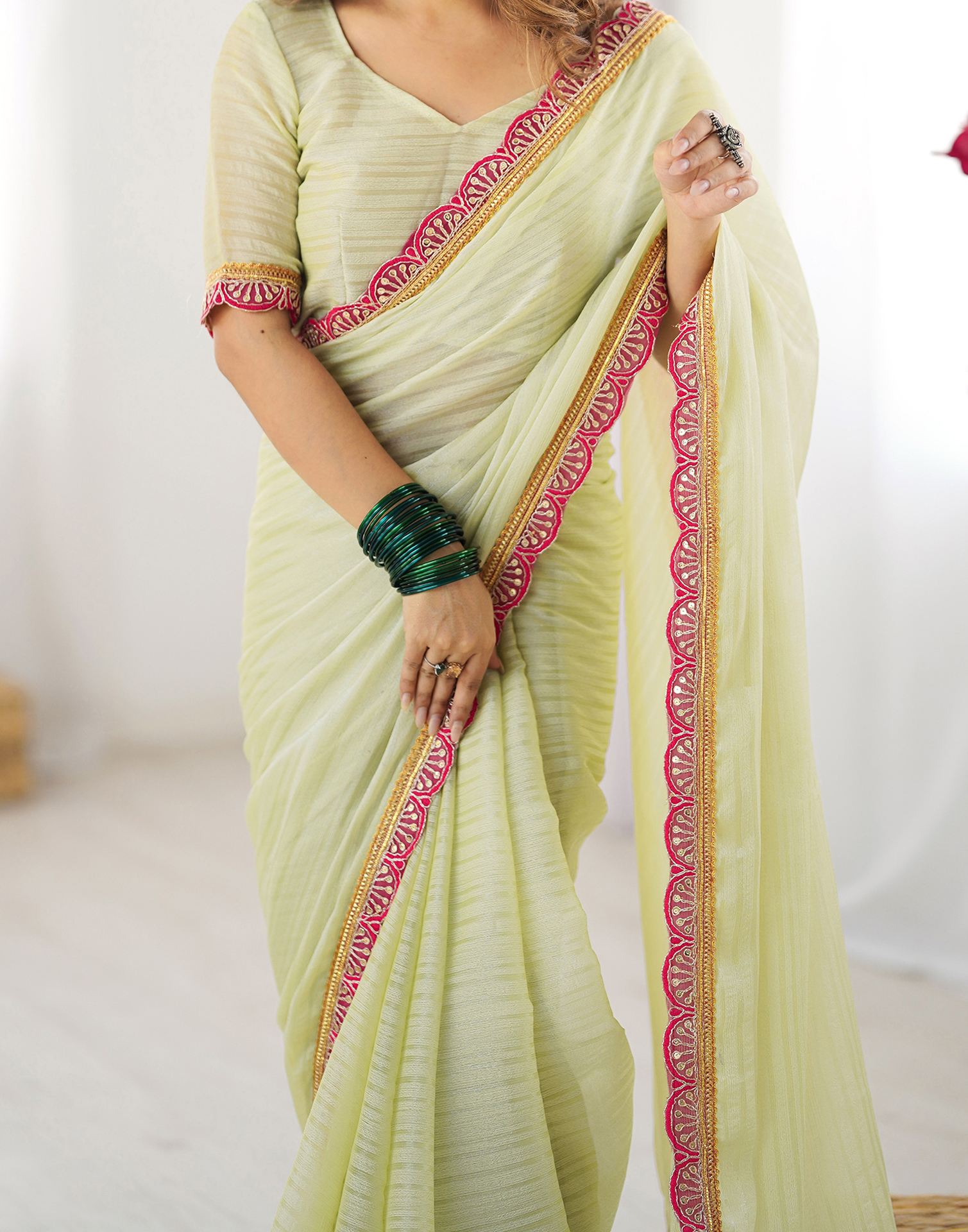 Light Pista Green Shimmer Woven Plain Saree