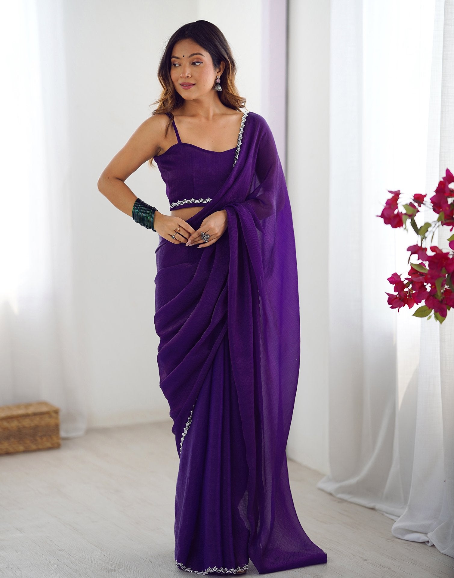 Dark Purple Shimmer Stone Work Plain Saree