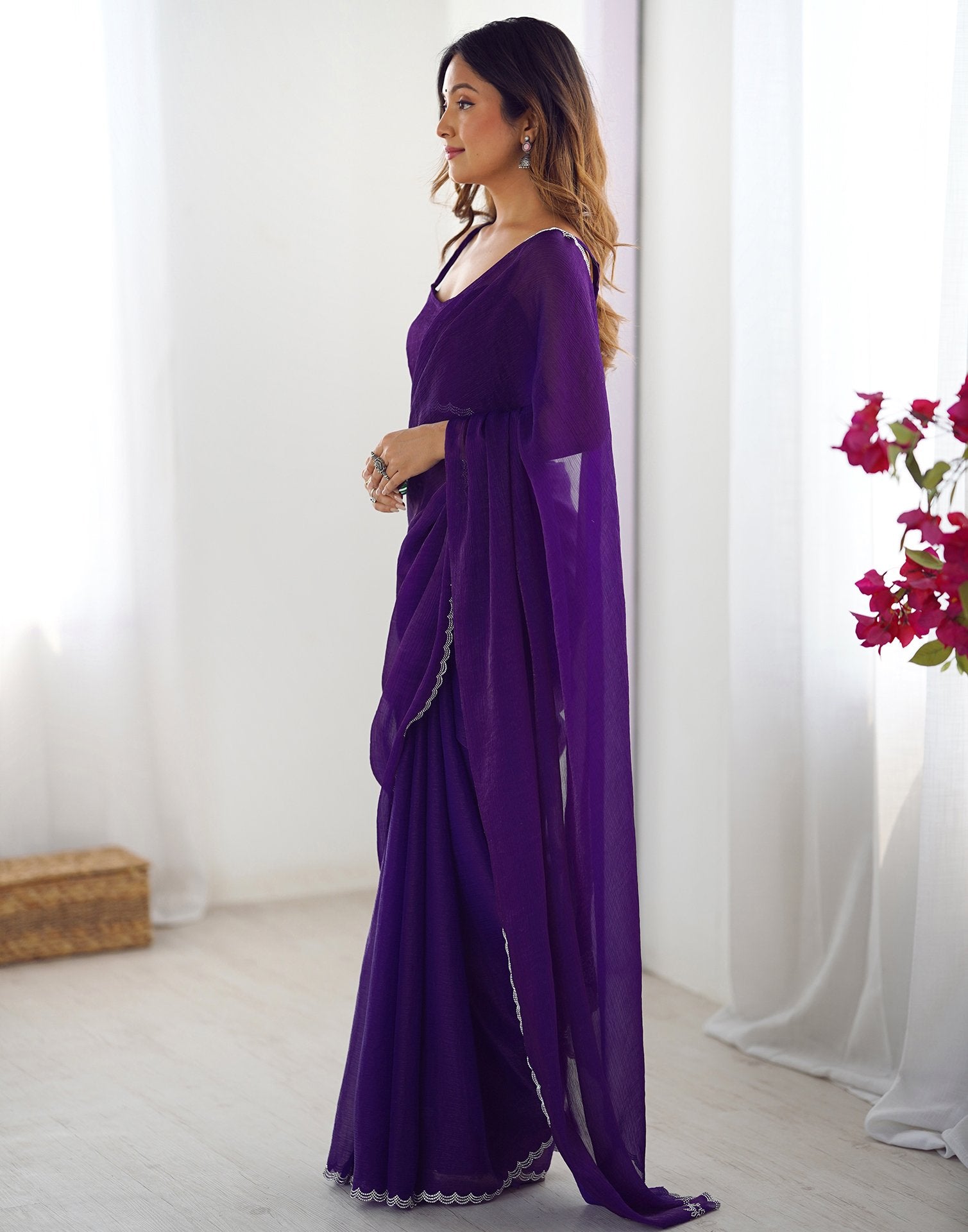 Dark Purple Shimmer Stone Work Plain Saree