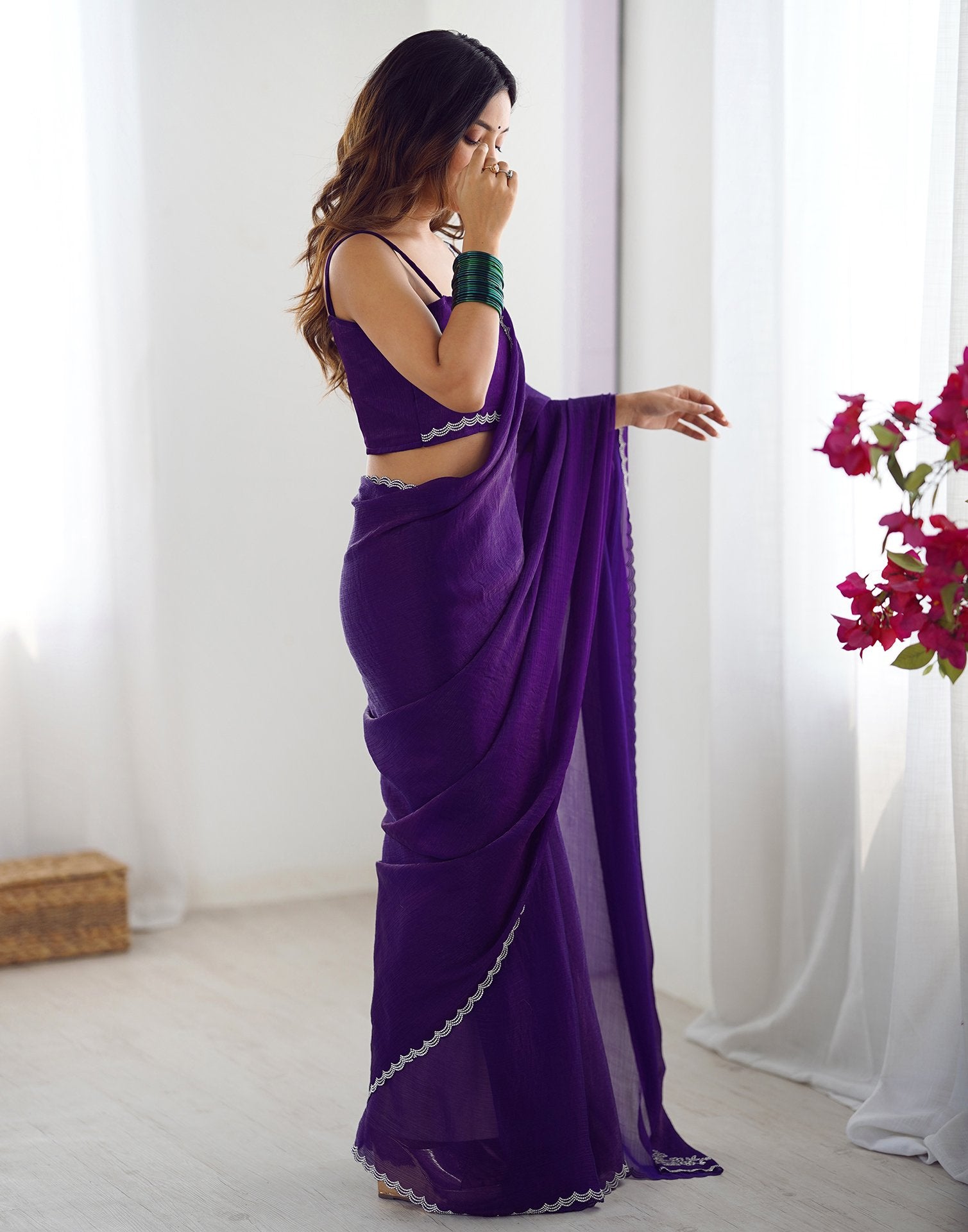 Dark Purple Shimmer Stone Work Plain Saree