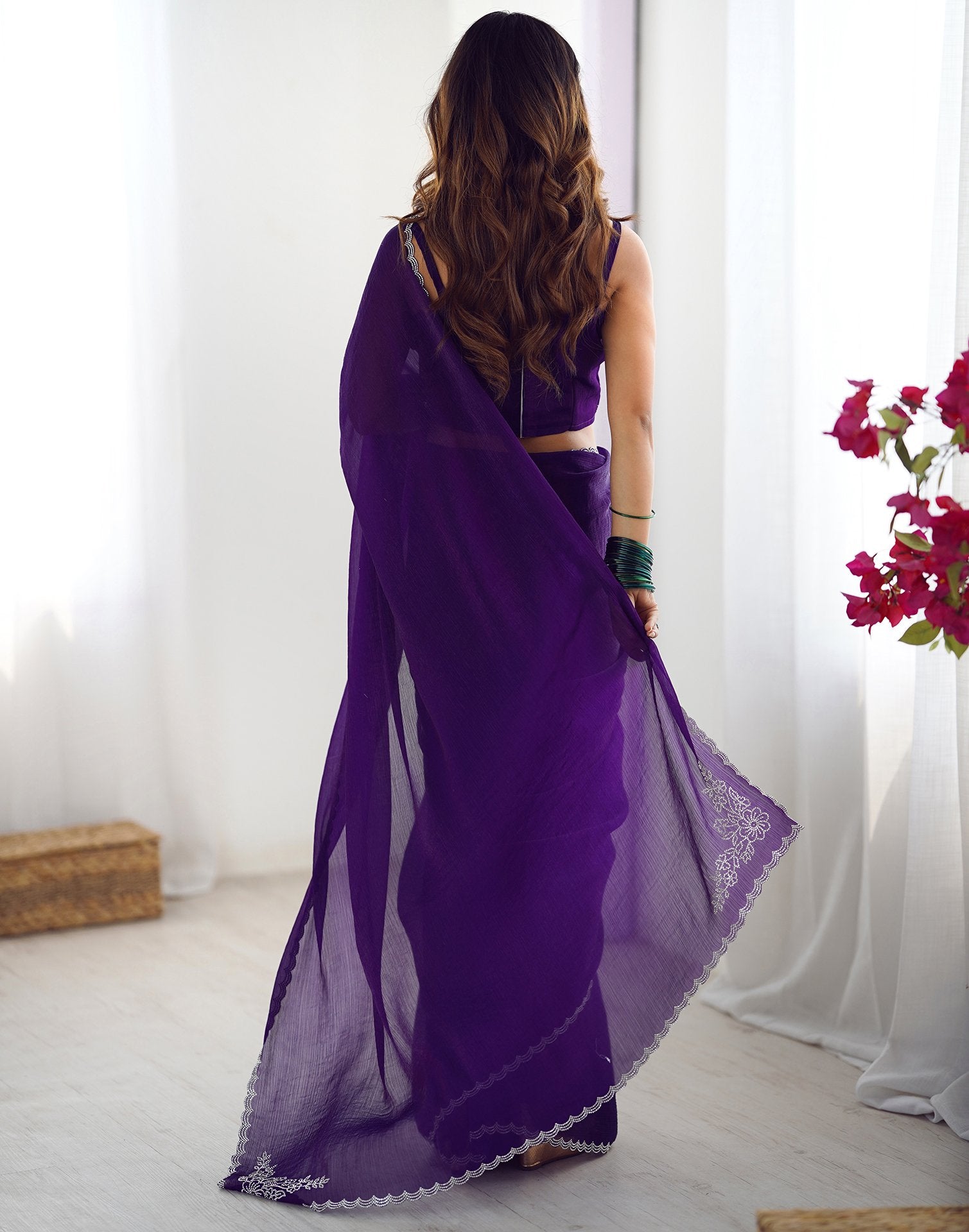 Dark Purple Shimmer Stone Work Plain Saree