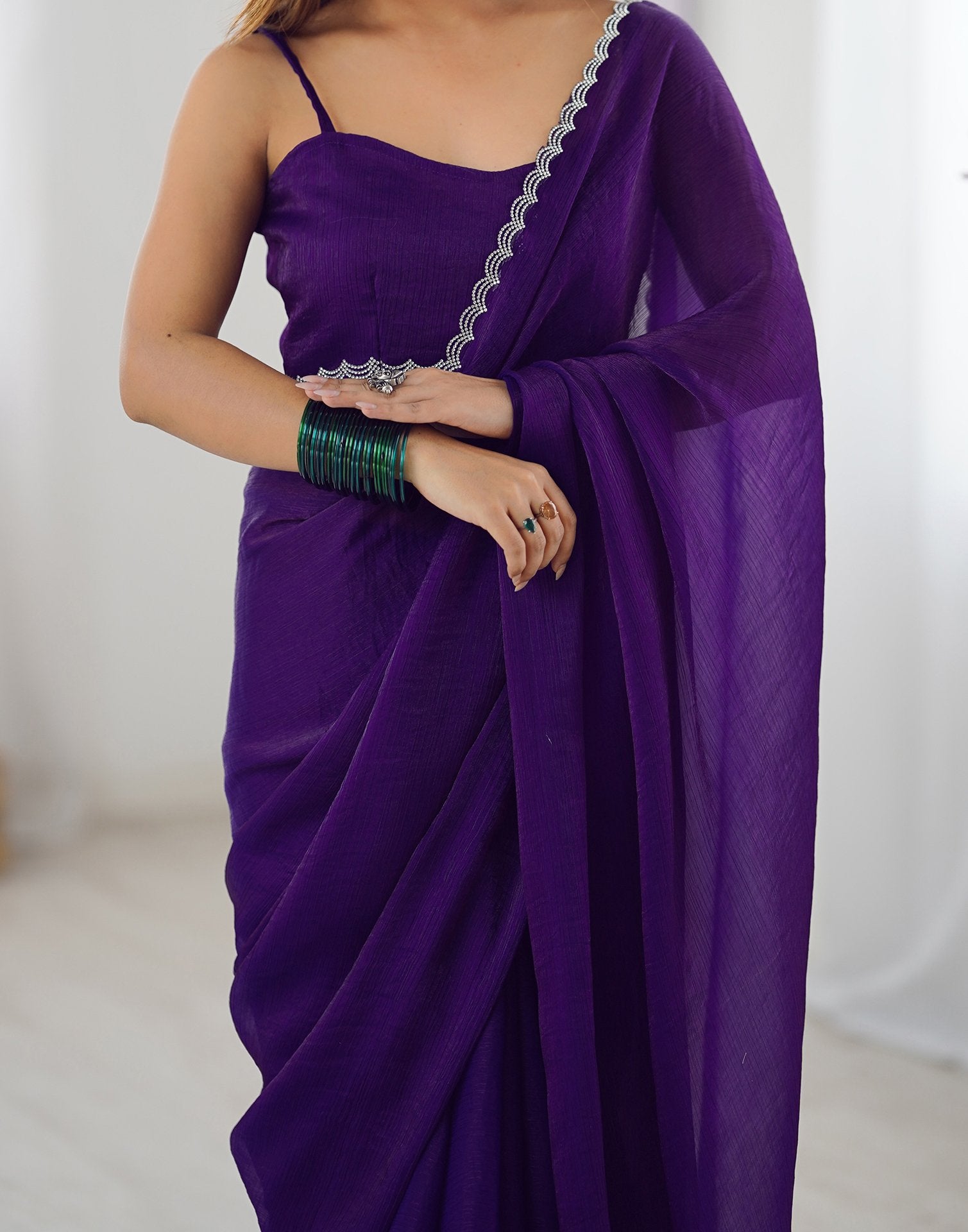 Dark Purple Shimmer Stone Work Plain Saree