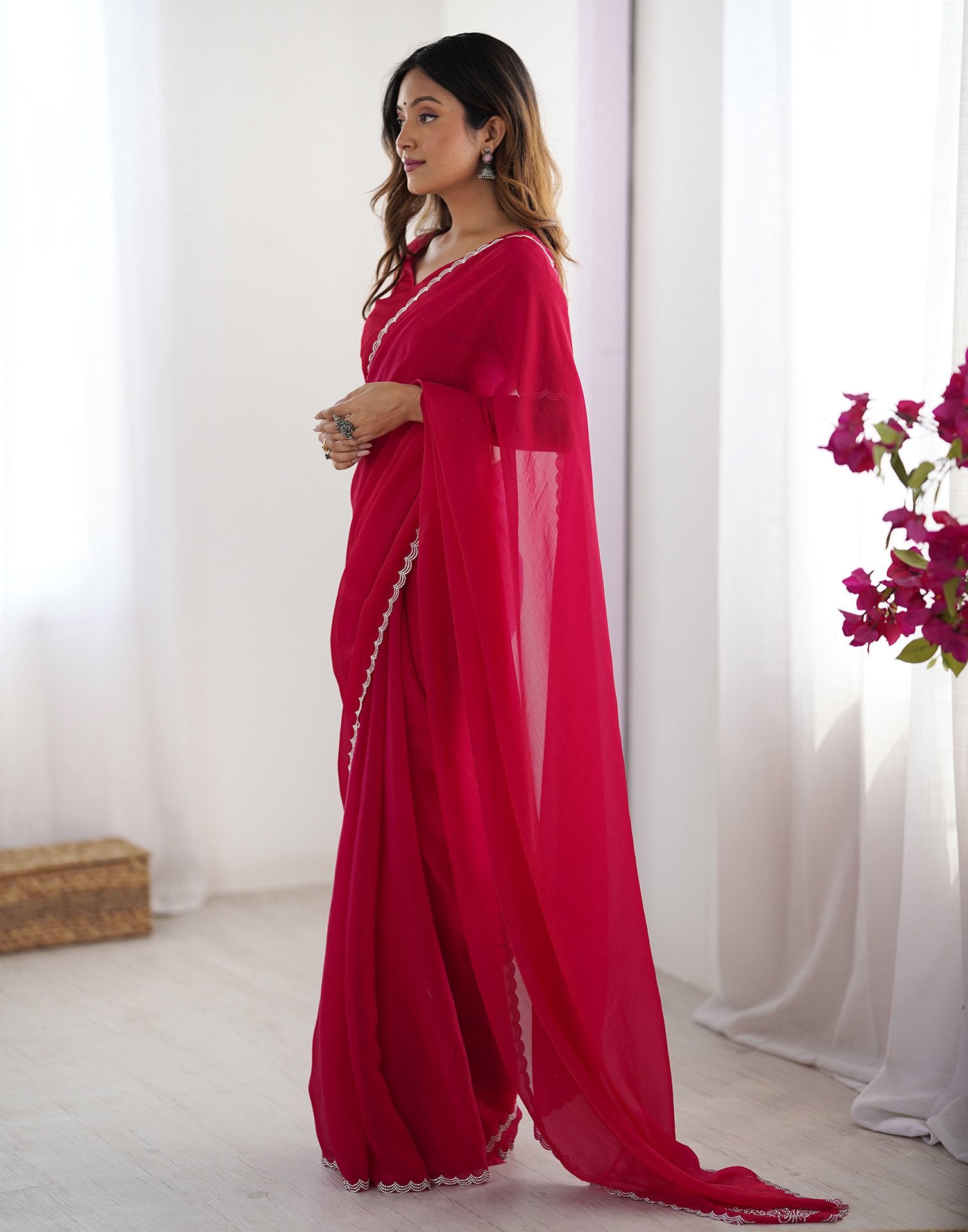 Dark Pink Shimmer Stone Work Plain Saree