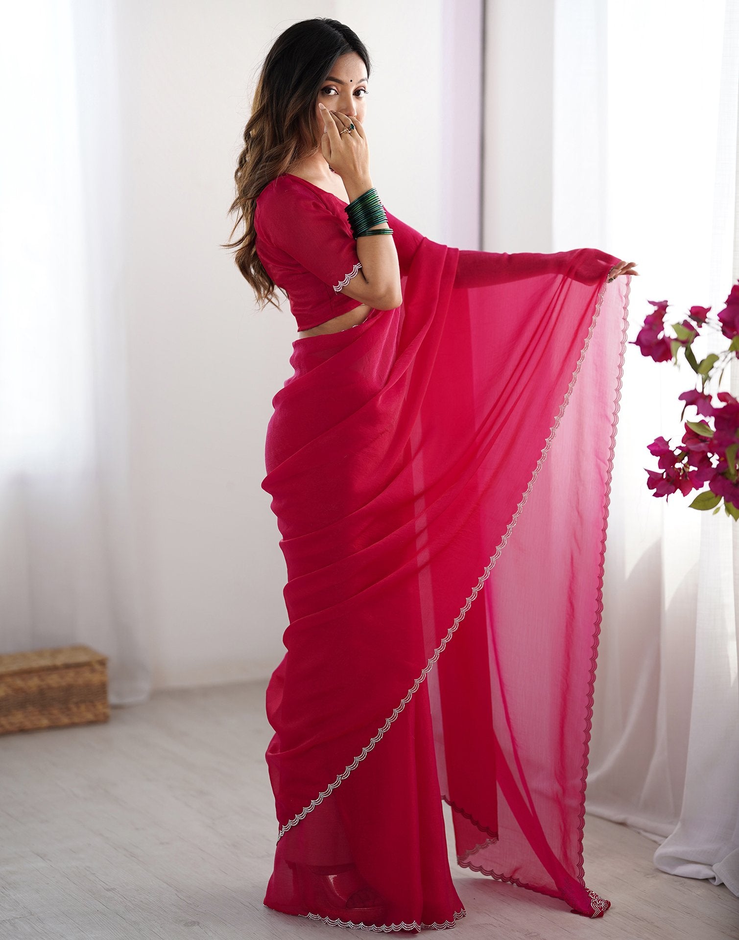 Dark Pink Shimmer Stone Work Plain Saree