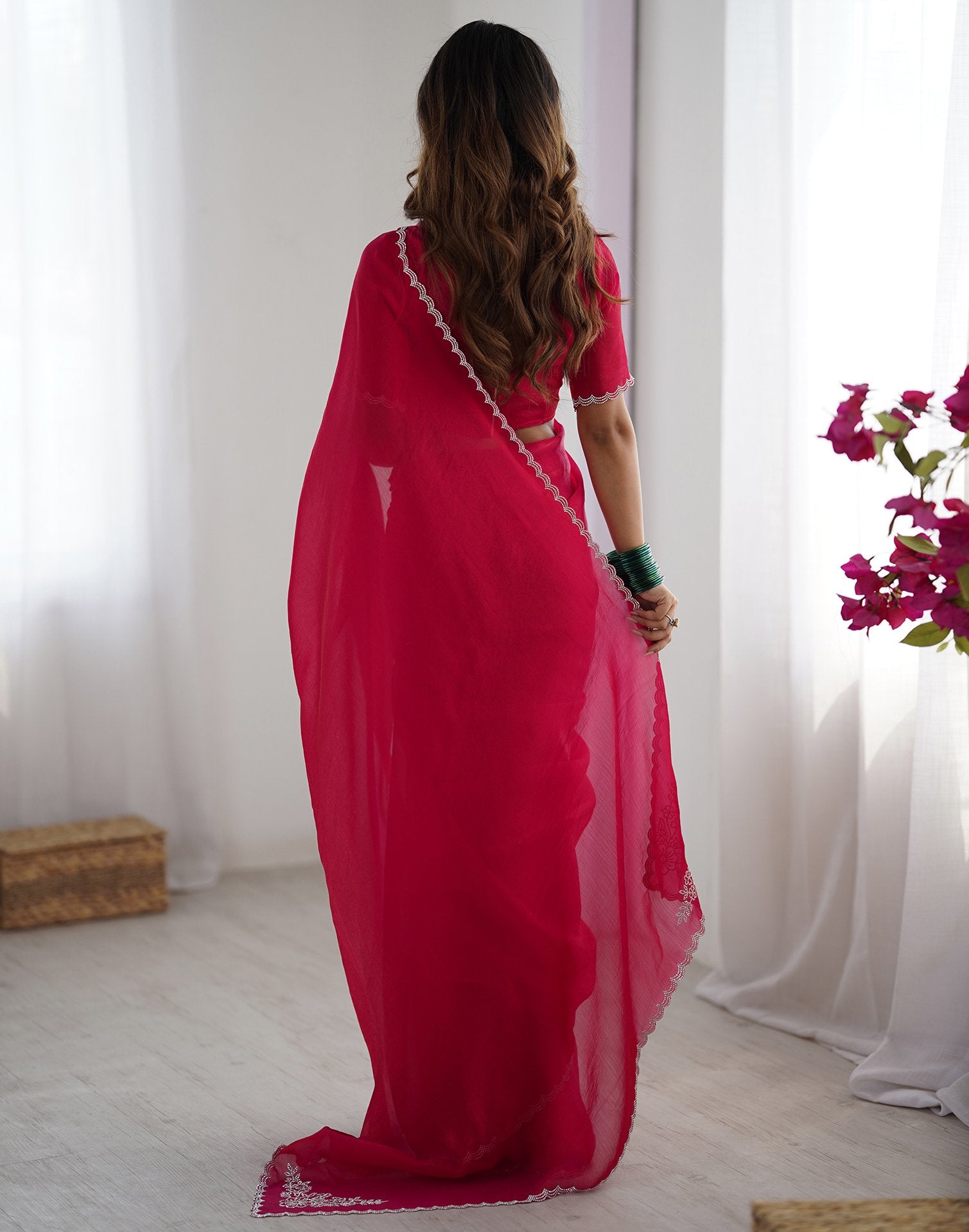 Dark Pink Shimmer Stone Work Plain Saree