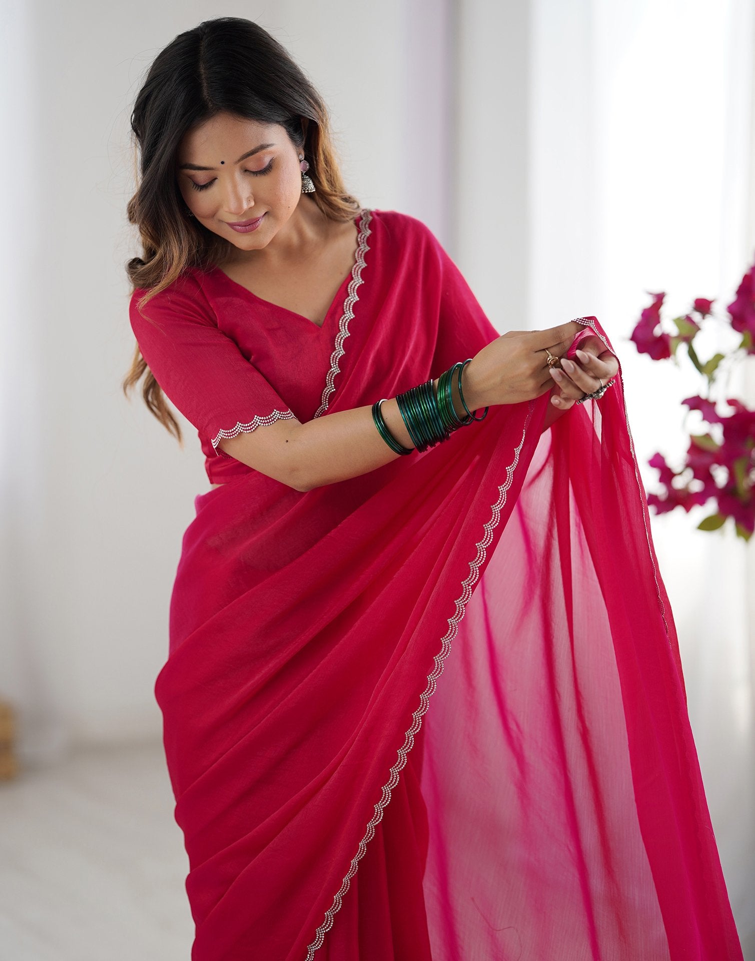 Dark Pink Shimmer Stone Work Plain Saree