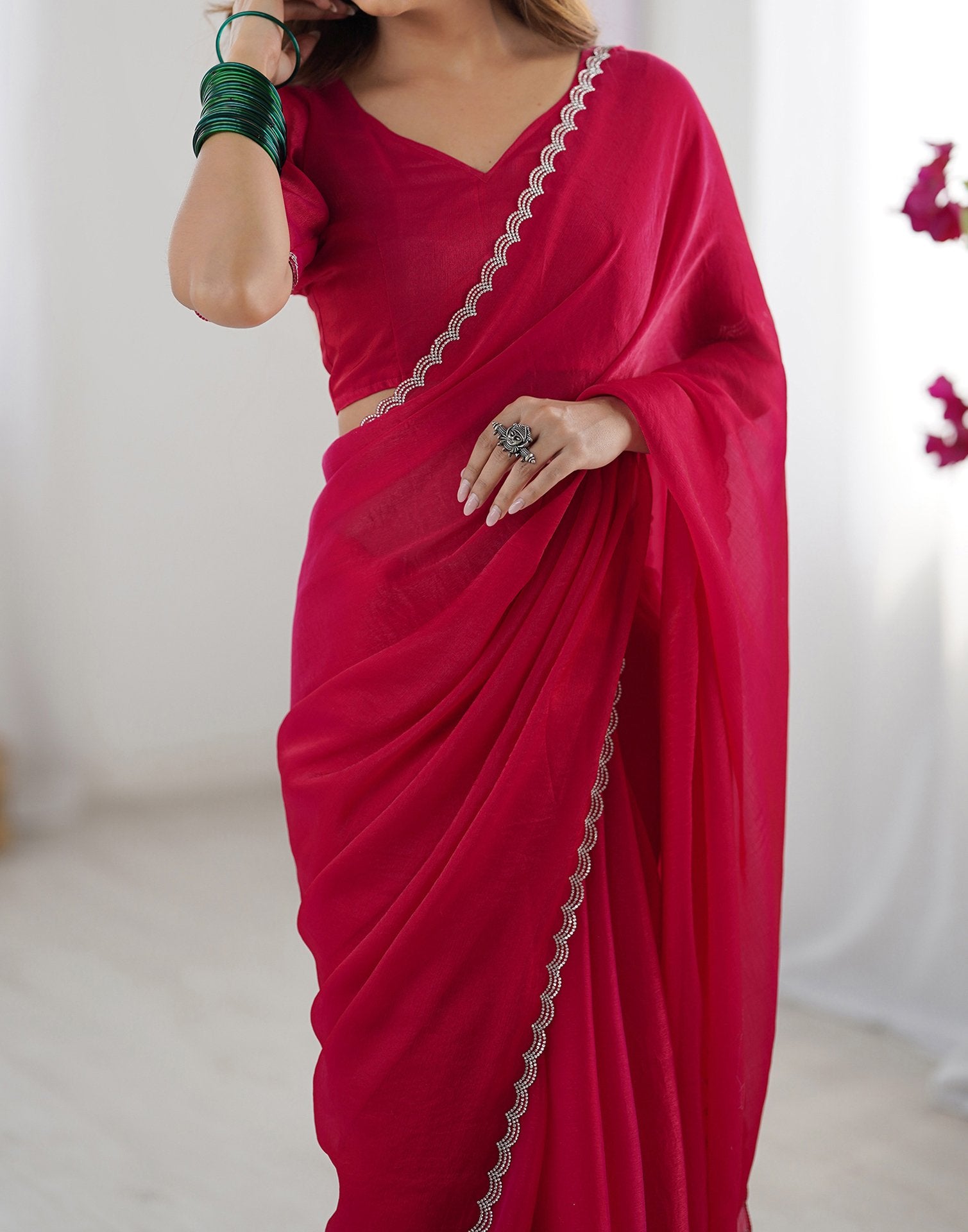 Dark Pink Shimmer Stone Work Plain Saree