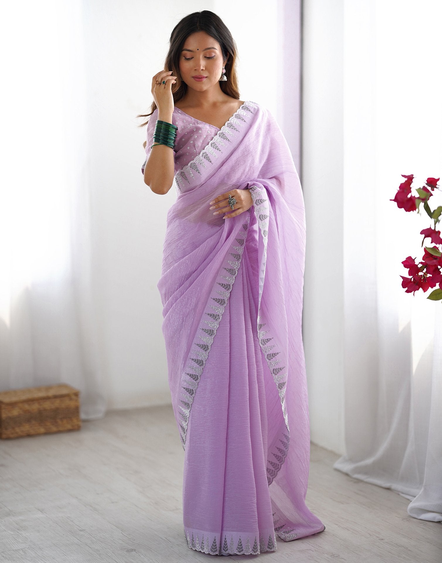 Lavender Shimmer Stone Work Plain Saree