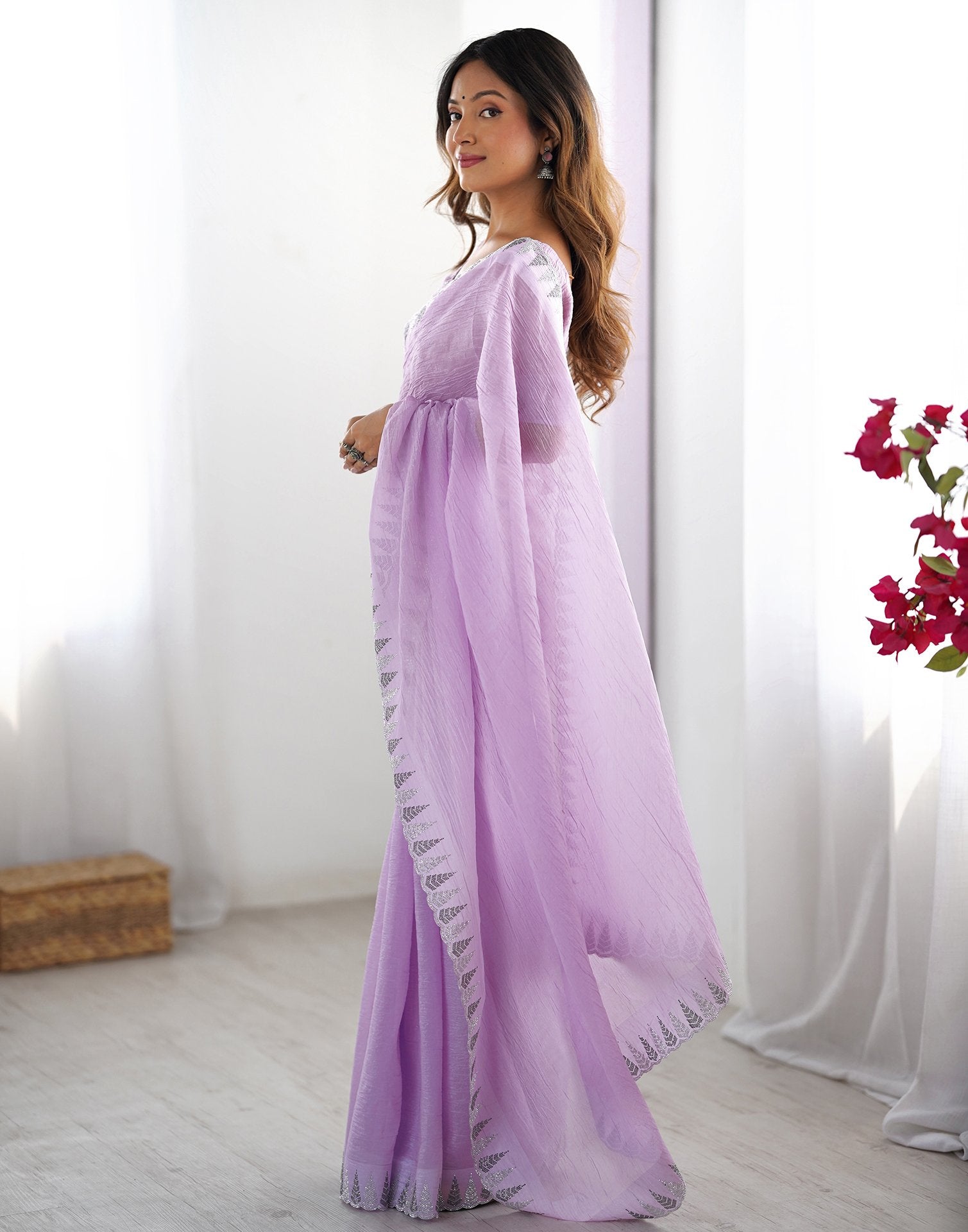 Lavender Shimmer Stone Work Plain Saree