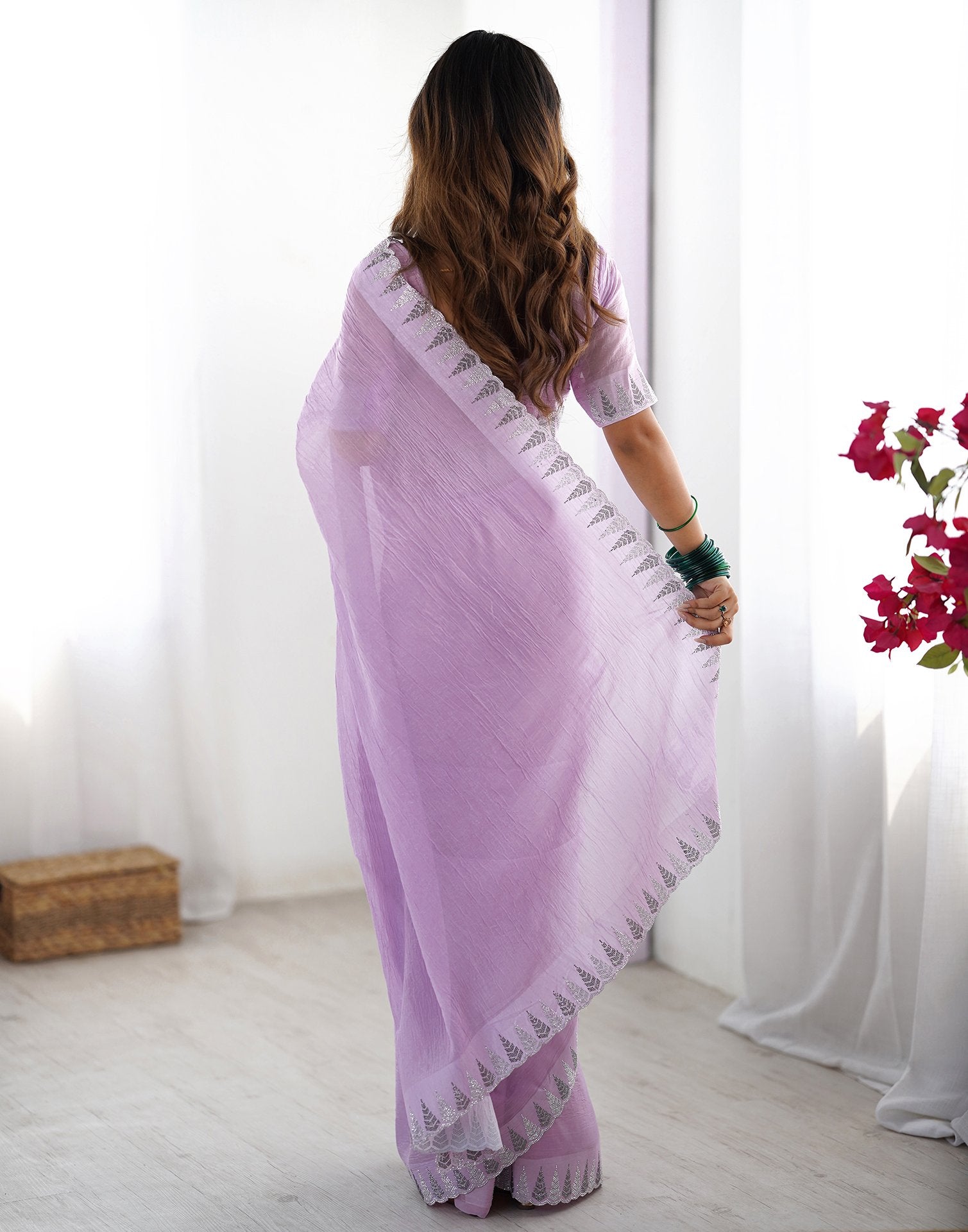Lavender Shimmer Stone Work Plain Saree