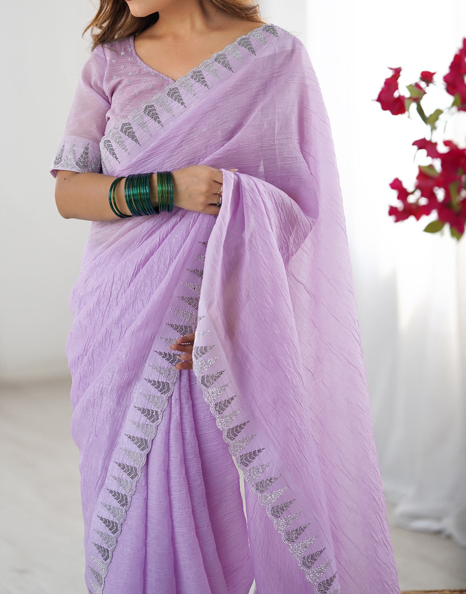 Lavender Shimmer Stone Work Plain Saree