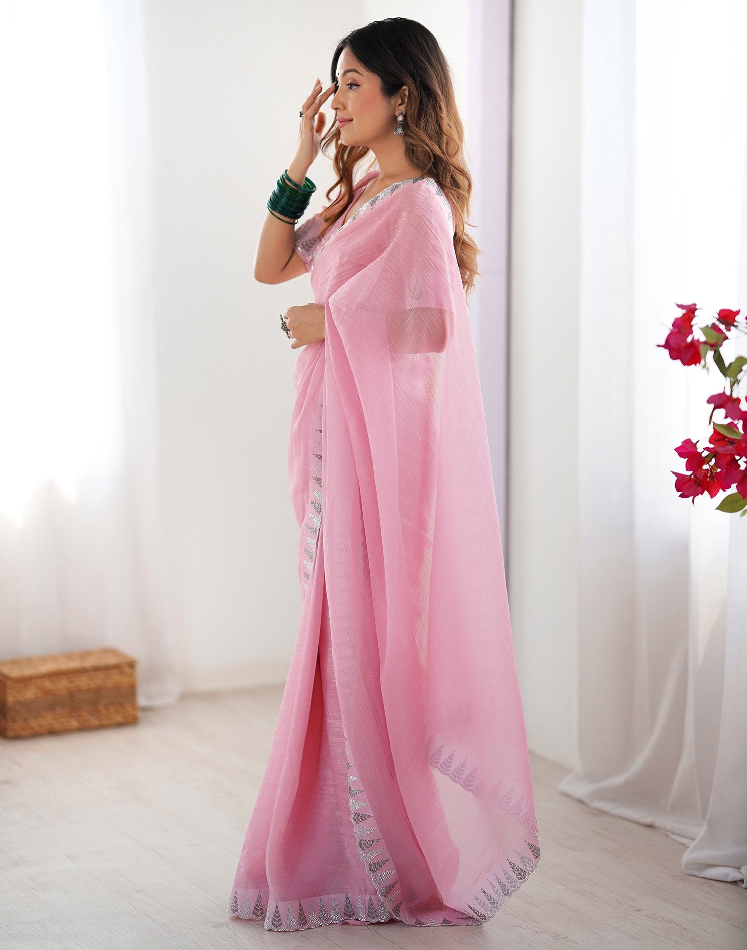 Light Pink Shimmer Stone Work Plain Saree