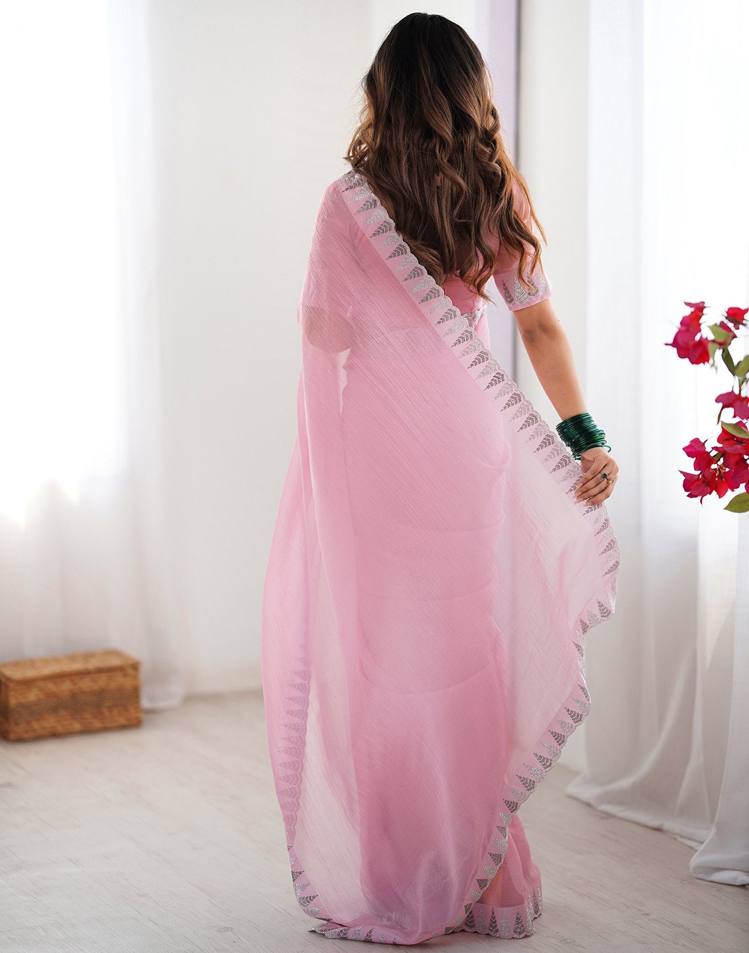 Light Pink Shimmer Stone Work Plain Saree