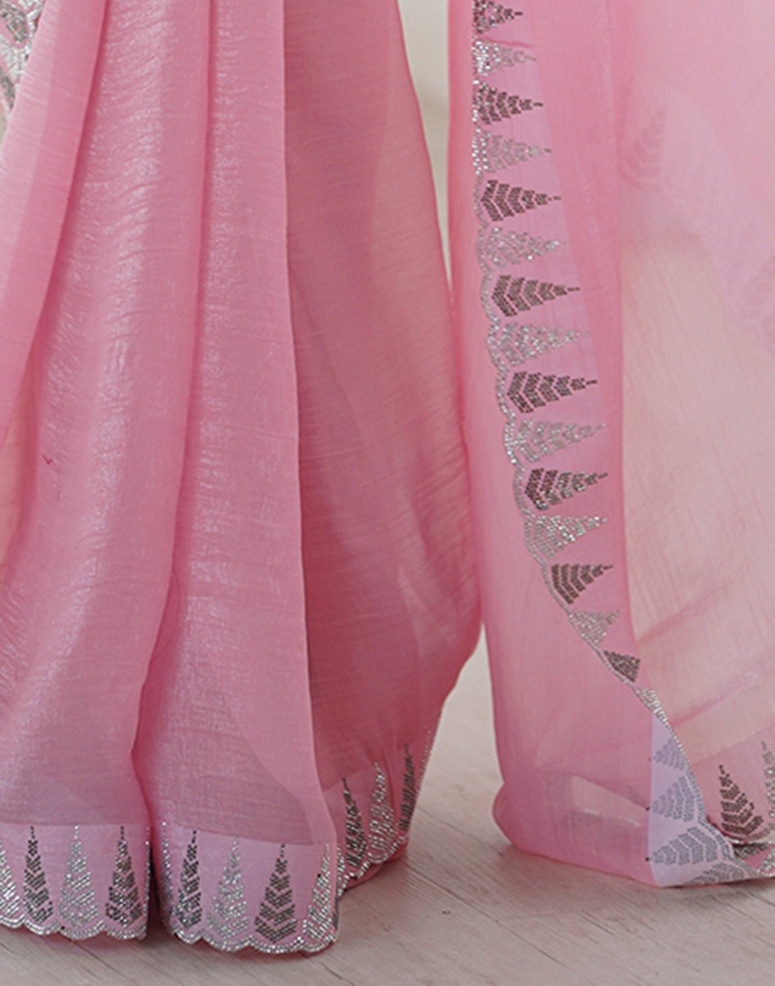 Light Pink Shimmer Stone Work Plain Saree