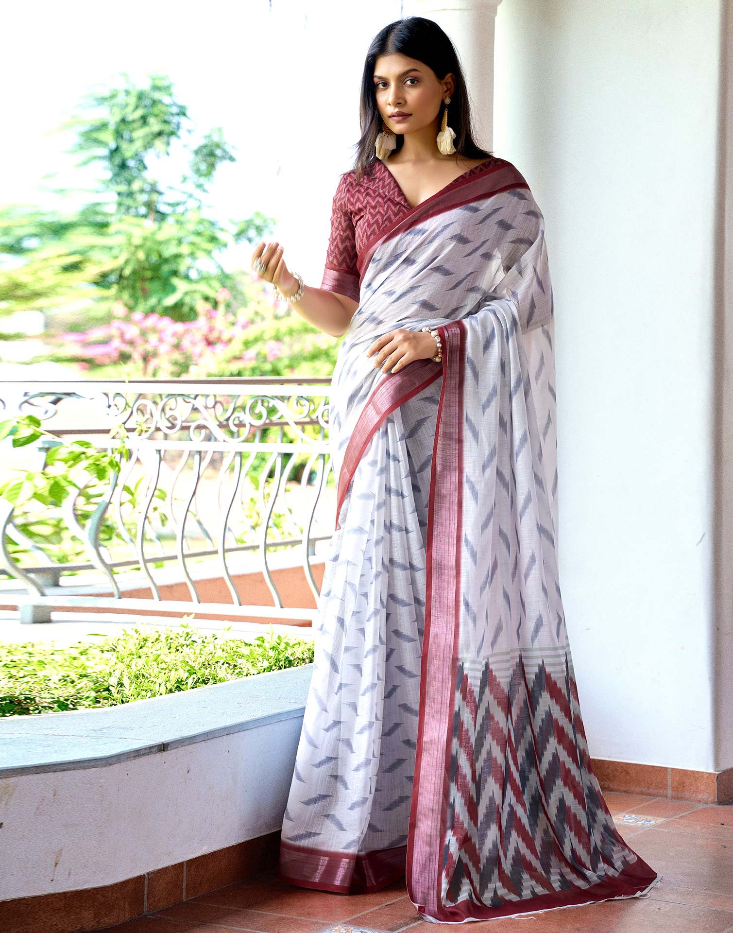 White Linen Ikkat Printed Saree