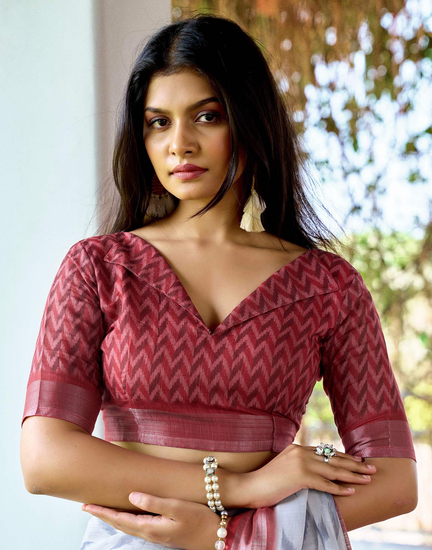 White Linen Ikkat Printed Saree