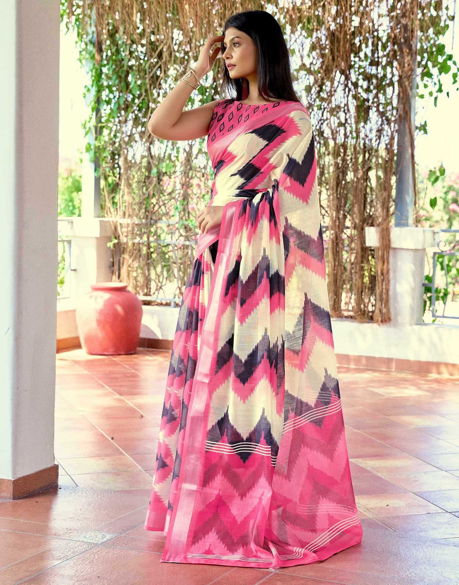 Off White Linen Ikkat Printed Saree