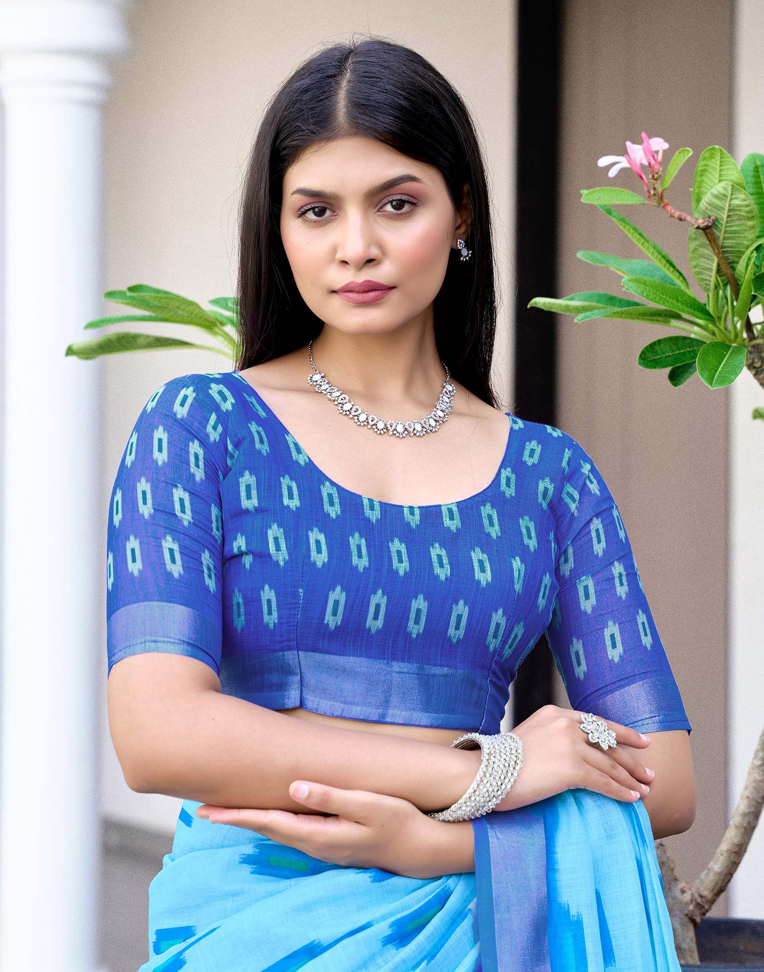Sky Blue Linen Ikkat Printed Saree