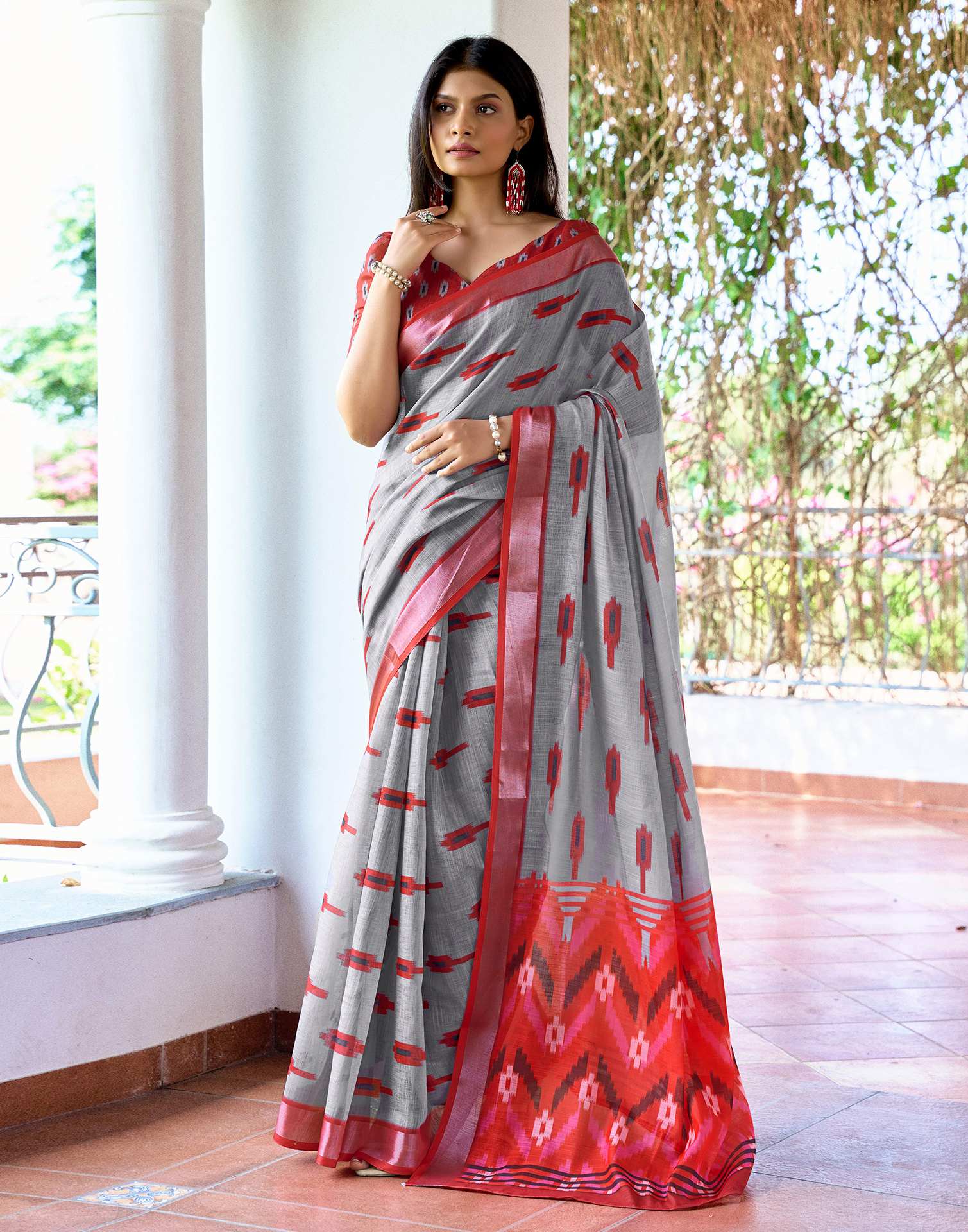 Grey Linen Ikkat Printed Saree