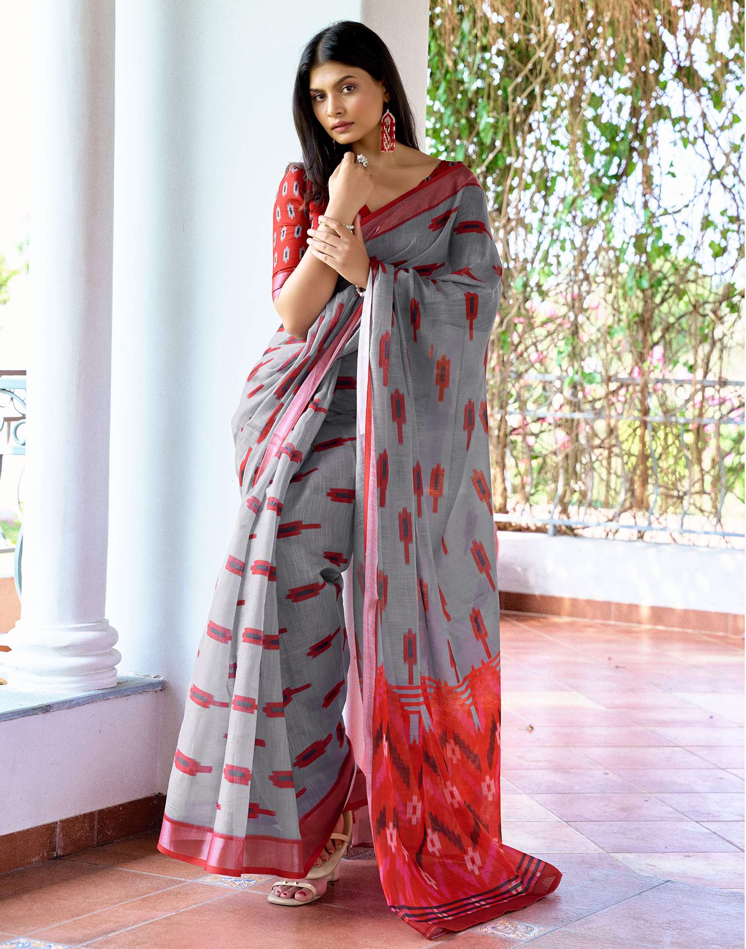 Grey Linen Ikkat Printed Saree