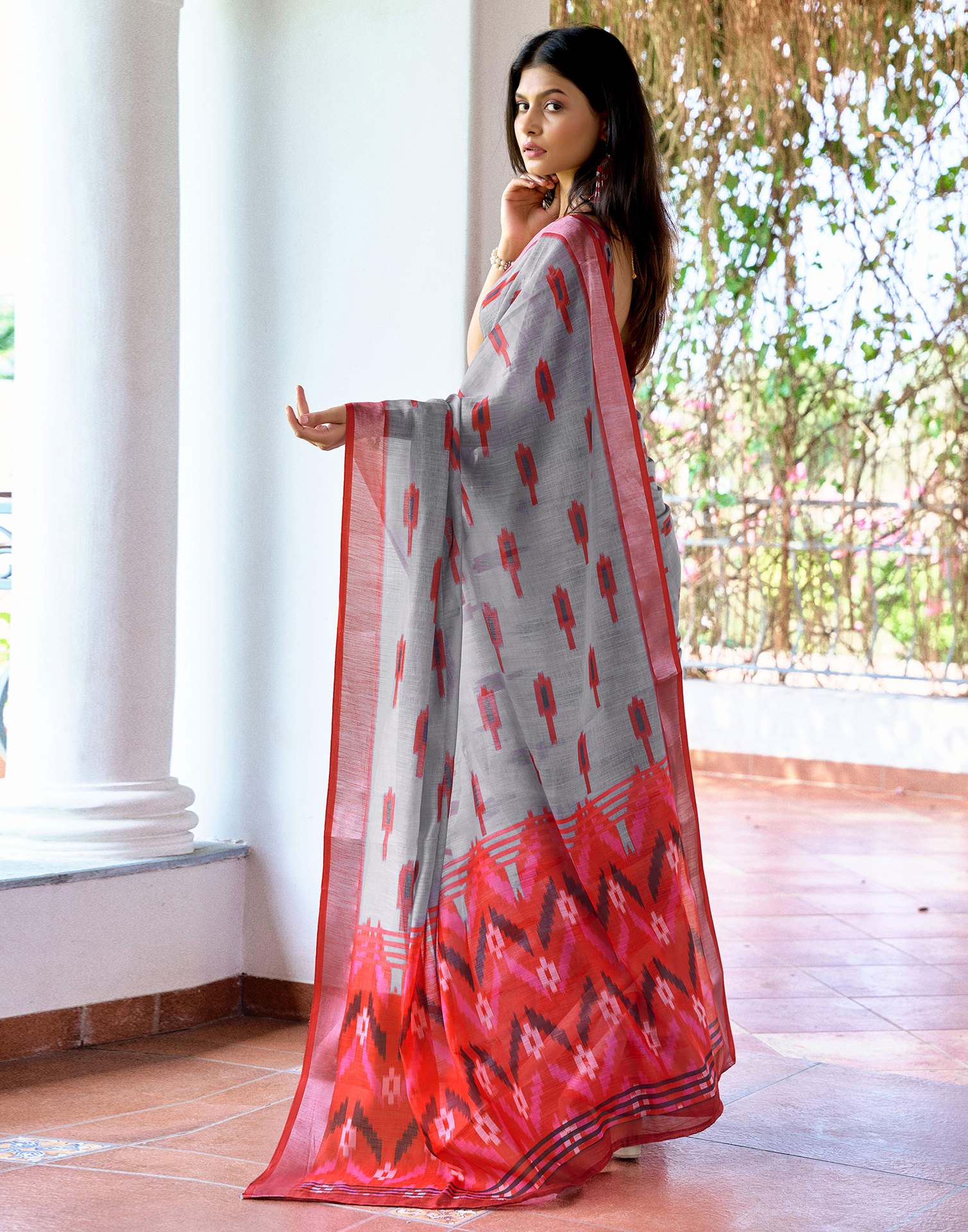 Grey Linen Ikkat Printed Saree