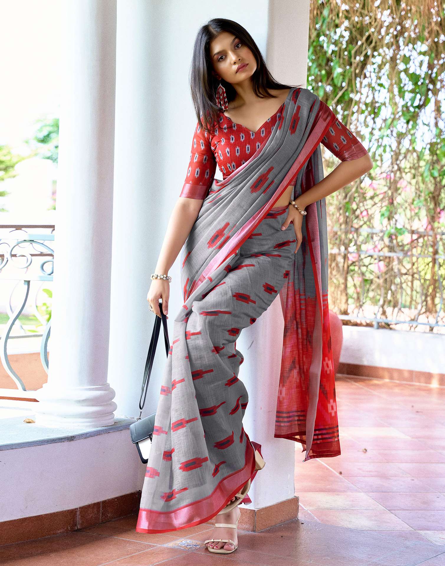 Grey Linen Ikkat Printed Saree