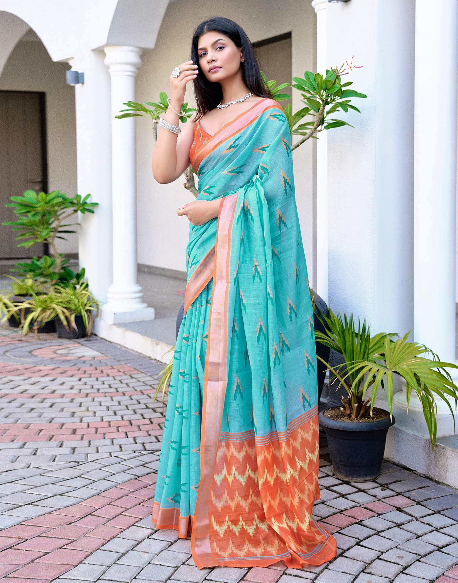 Blue Linen Ikkat Printed Saree