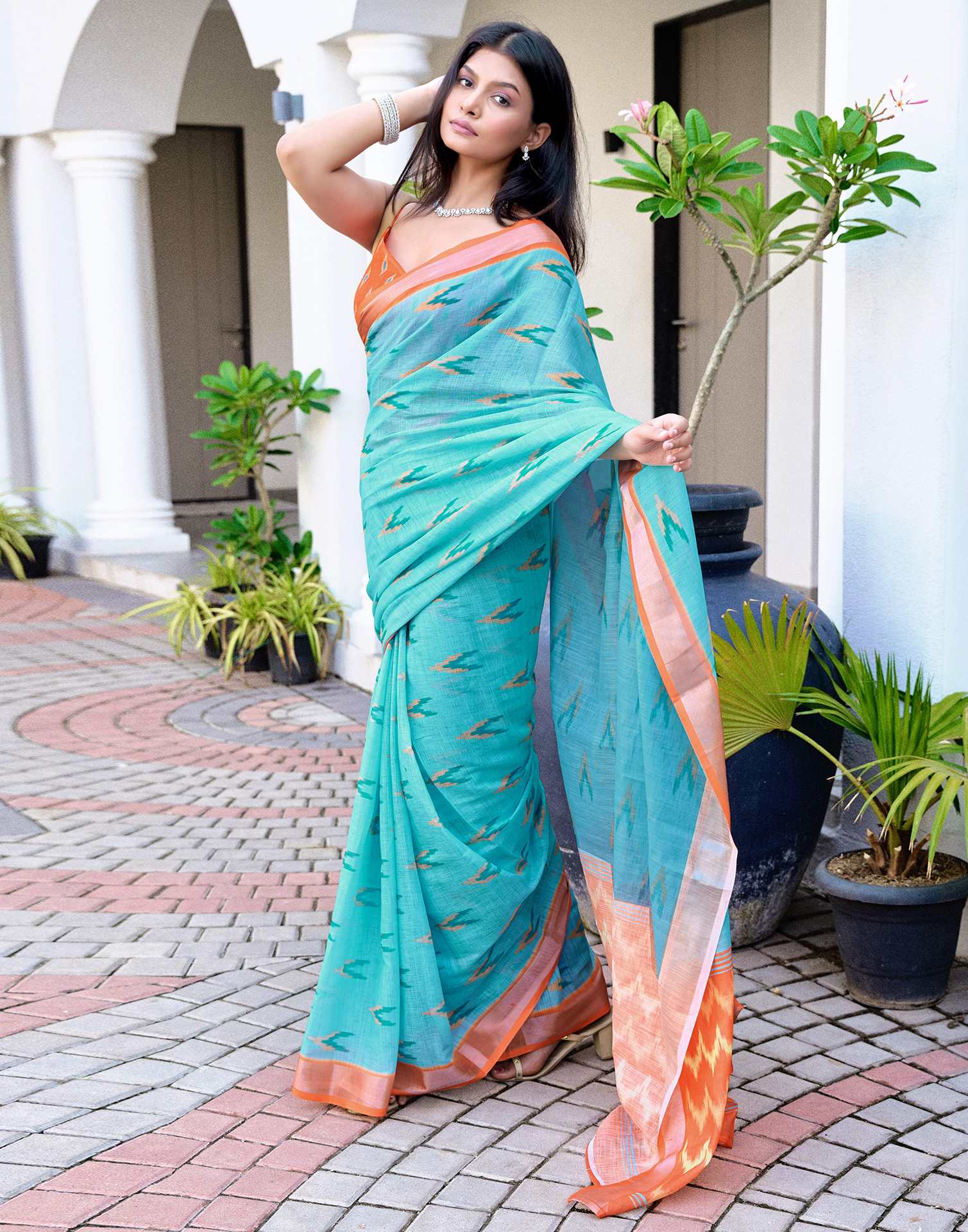 Blue Linen Ikkat Printed Saree