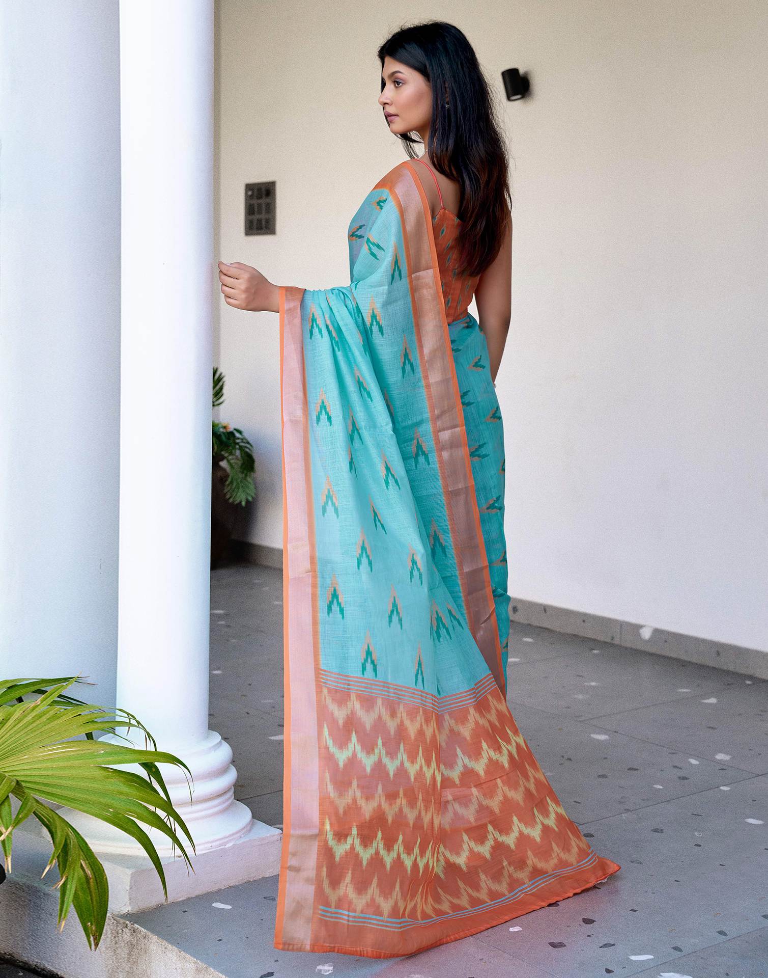 Blue Linen Ikkat Printed Saree