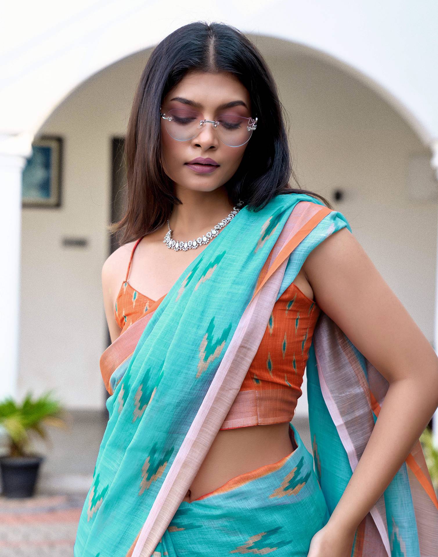 Blue Linen Ikkat Printed Saree