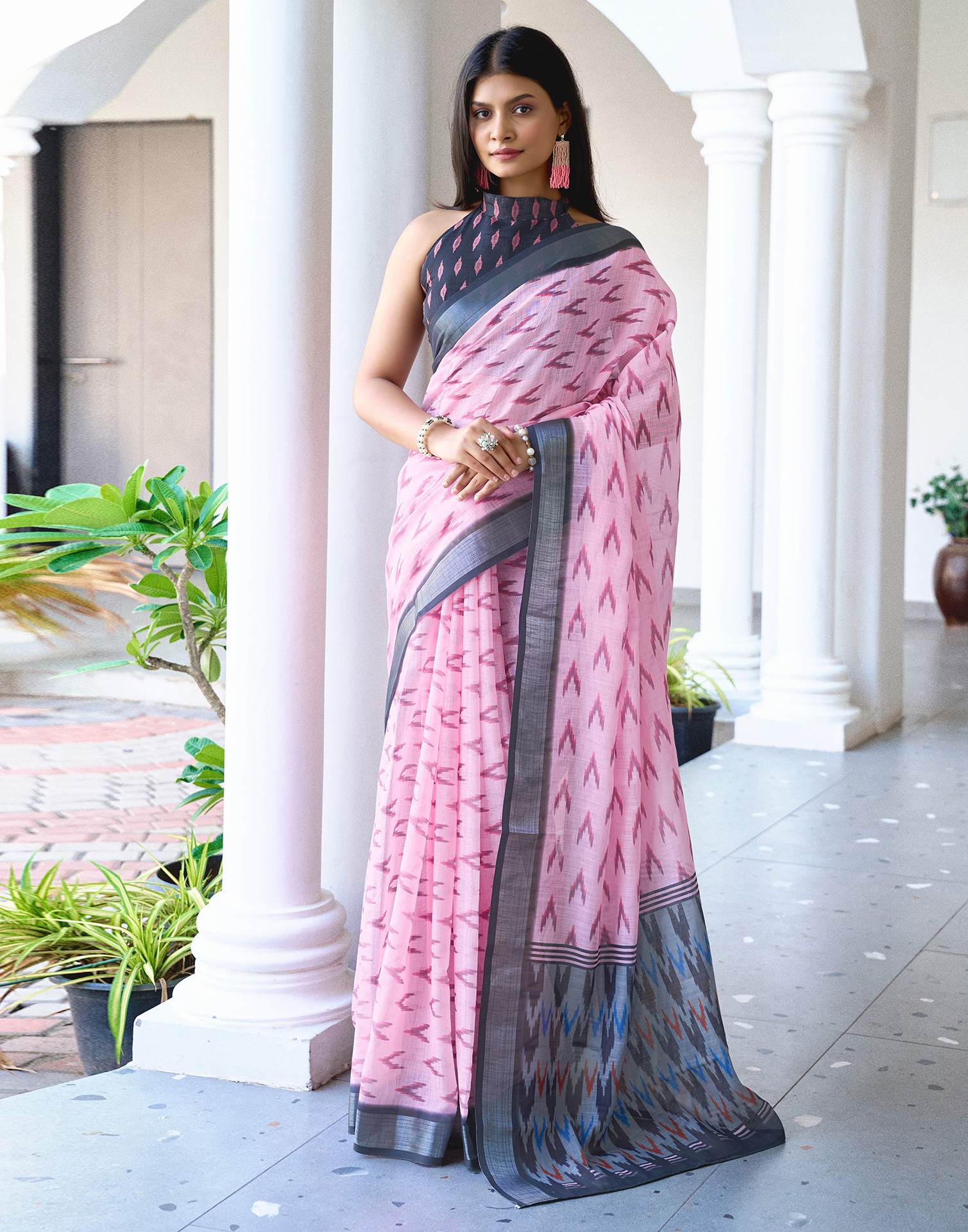 Light Pink Linen Ikkat Printed Saree