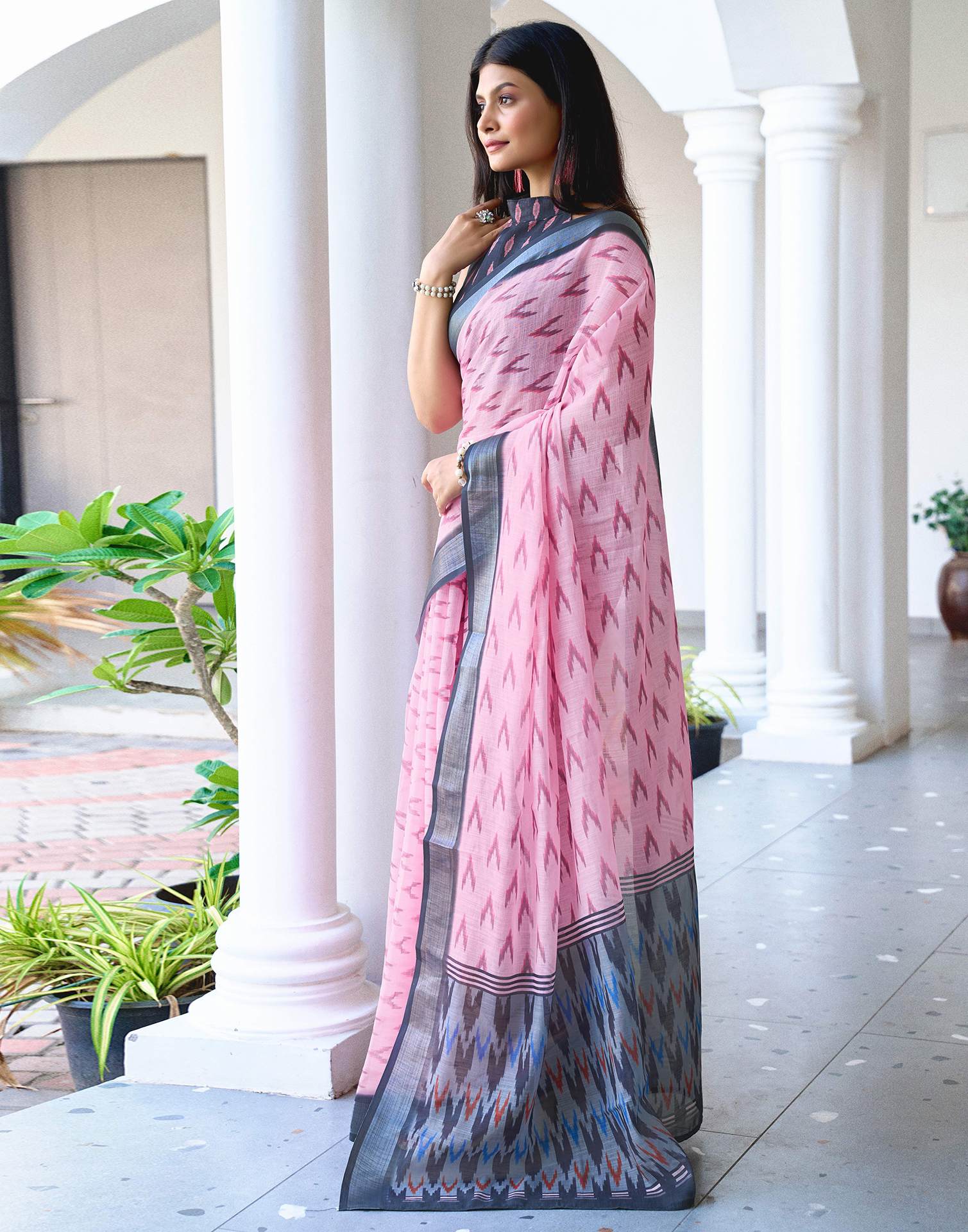 Light Pink Linen Ikkat Printed Saree