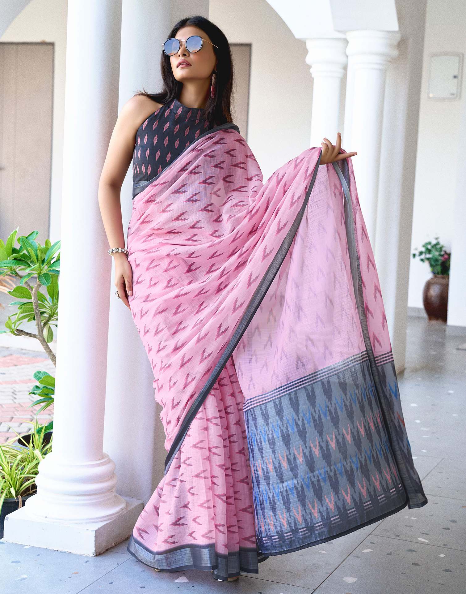 Light Pink Linen Ikkat Printed Saree
