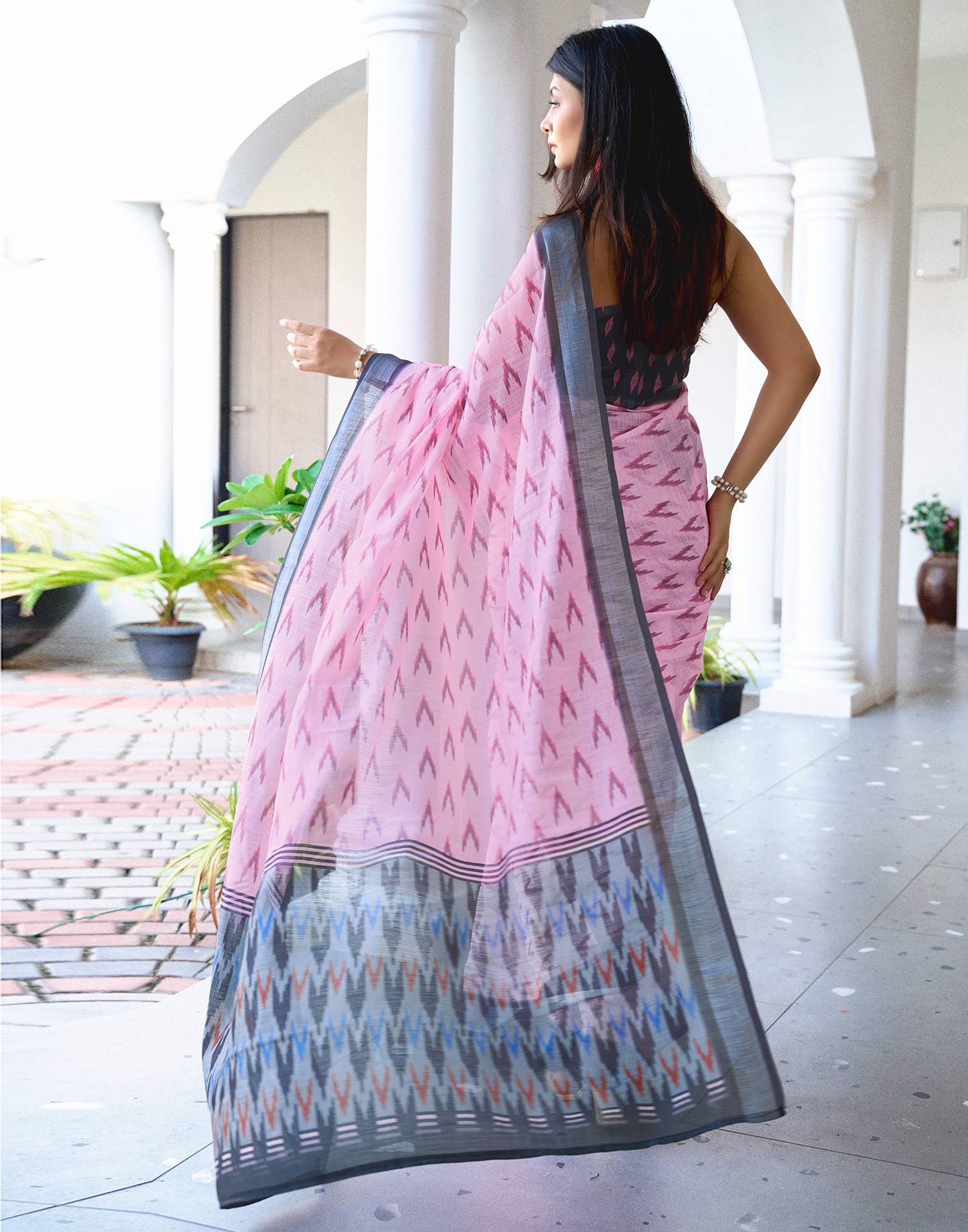Light Pink Linen Ikkat Printed Saree