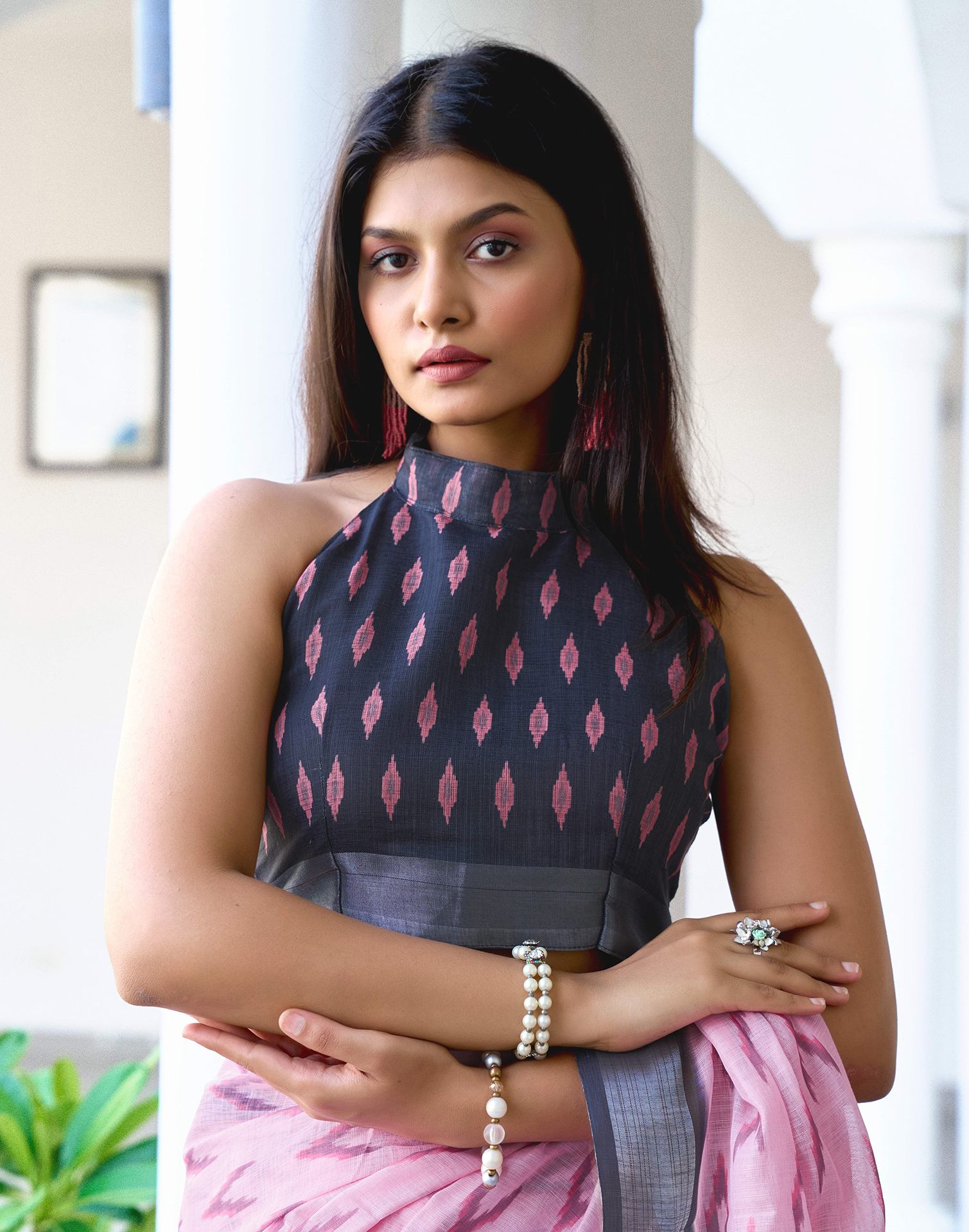 Light Pink Linen Ikkat Printed Saree