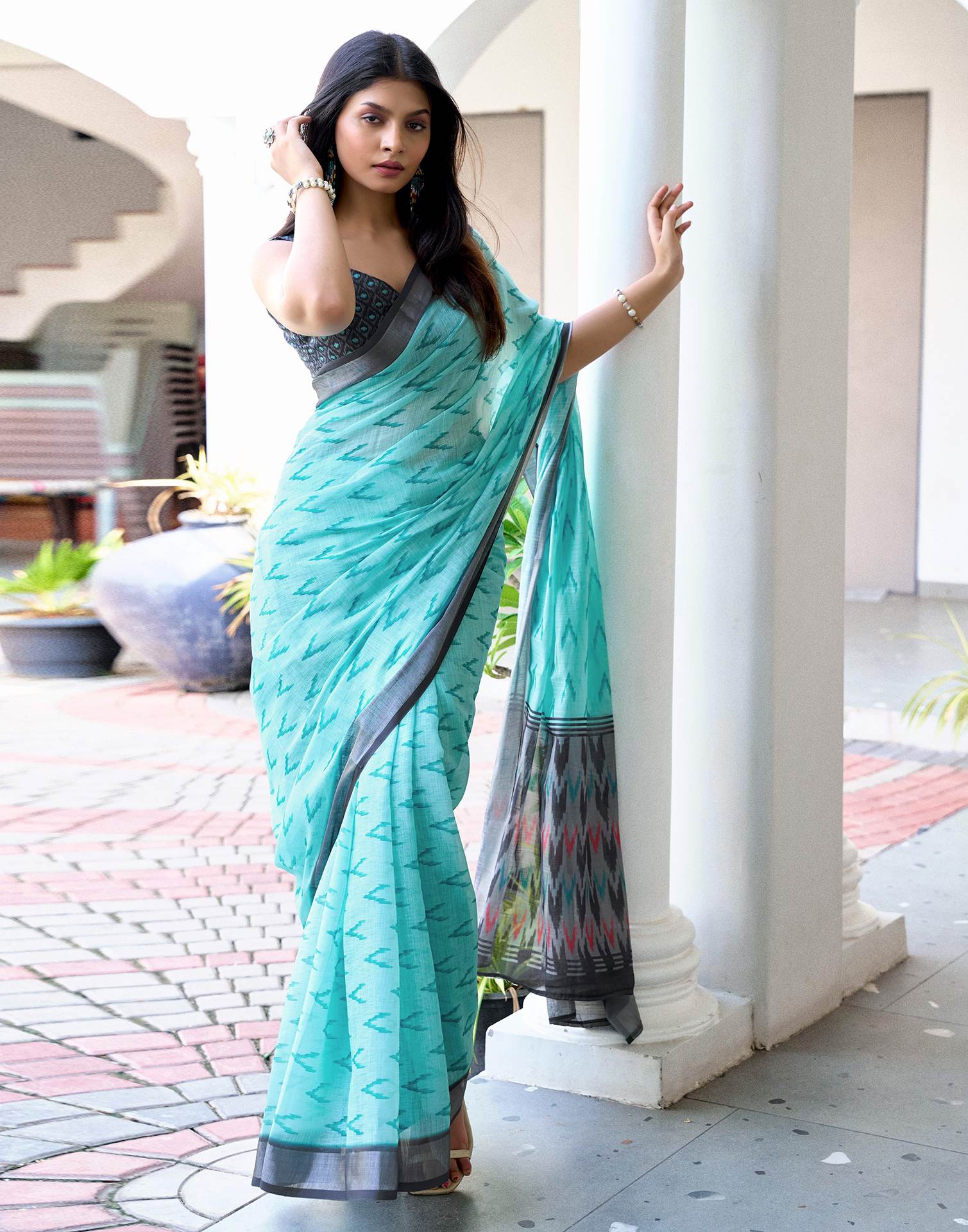 Turquoise Linen Ikkat Printed Saree