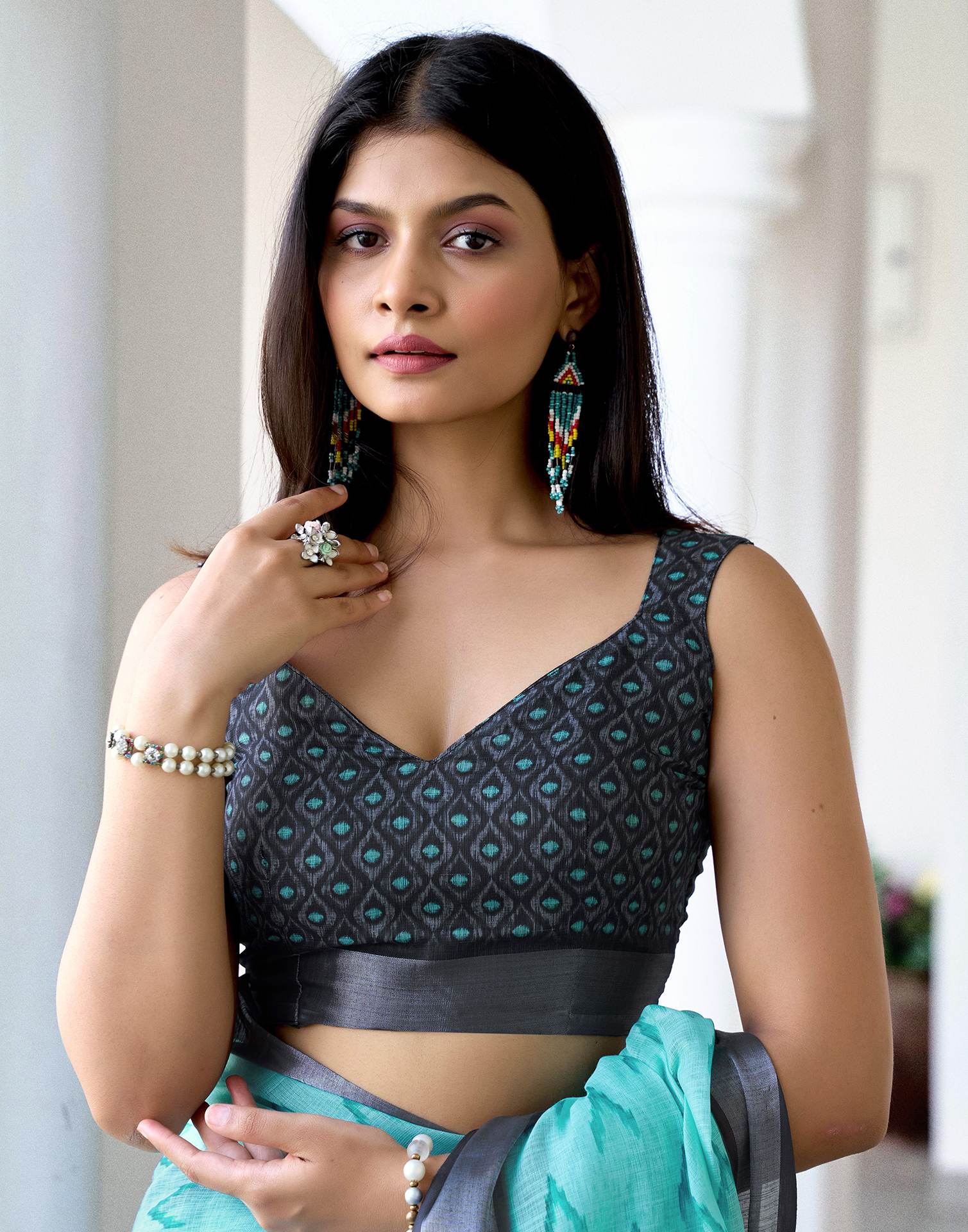 Turquoise Linen Ikkat Printed Saree