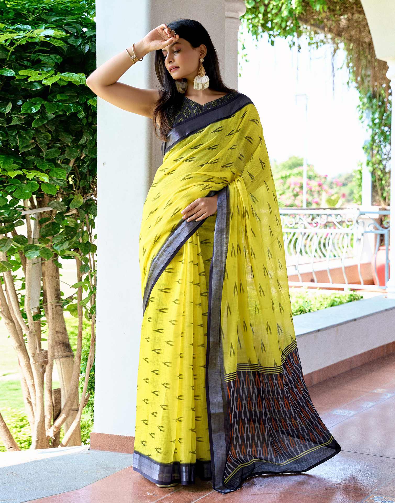 Yellow Linen Ikkat Printed Saree