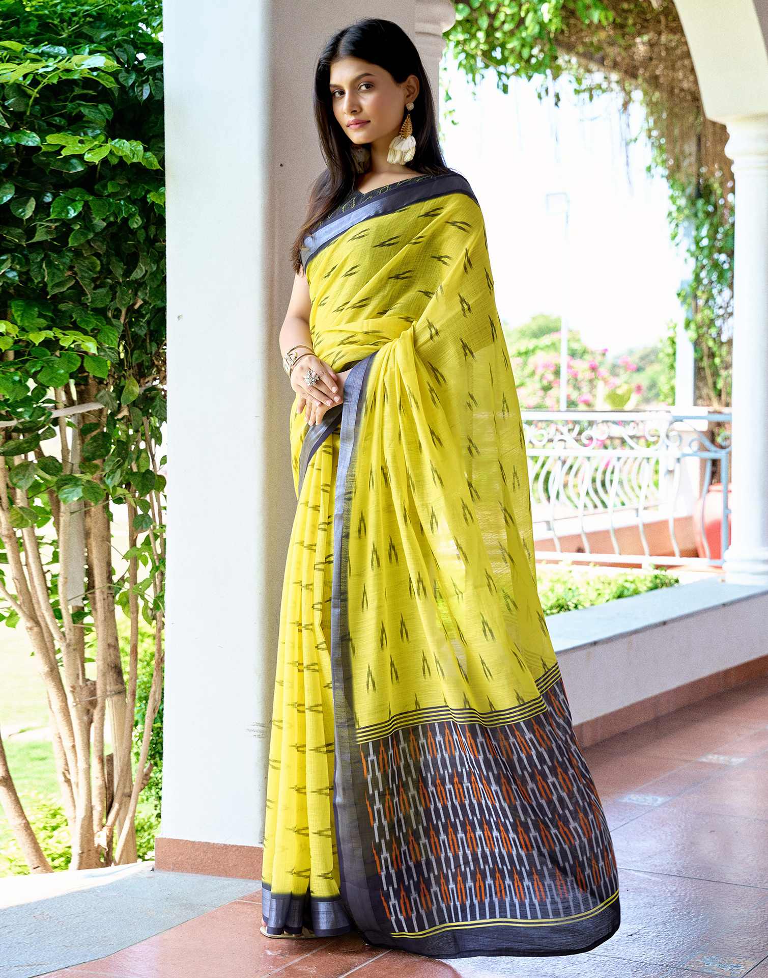 Yellow Linen Ikkat Printed Saree